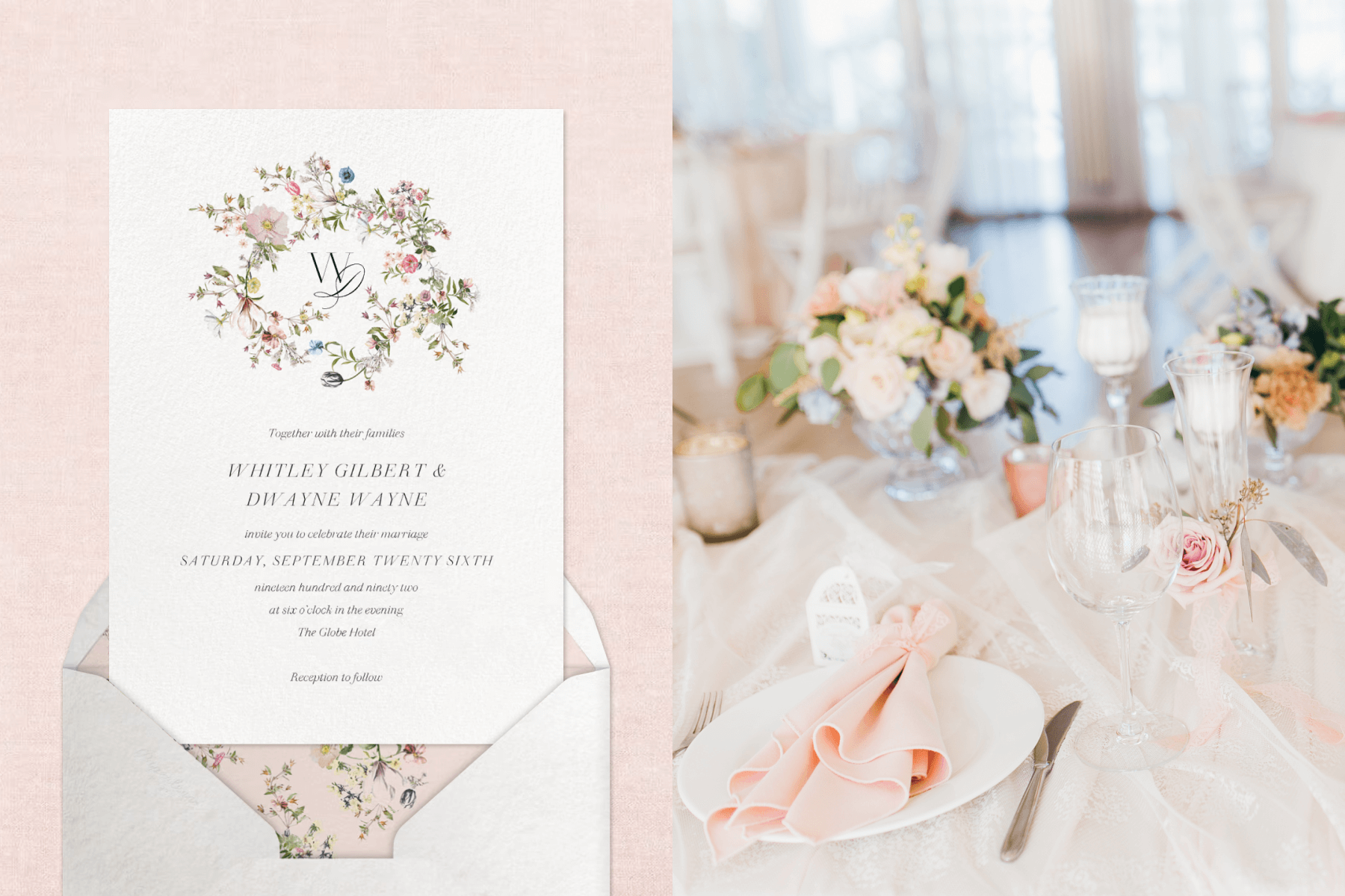 A white wedding invitation with a monogram encircled by a floral wreath; A table set with flowers, glassware, and light pink napkins. 