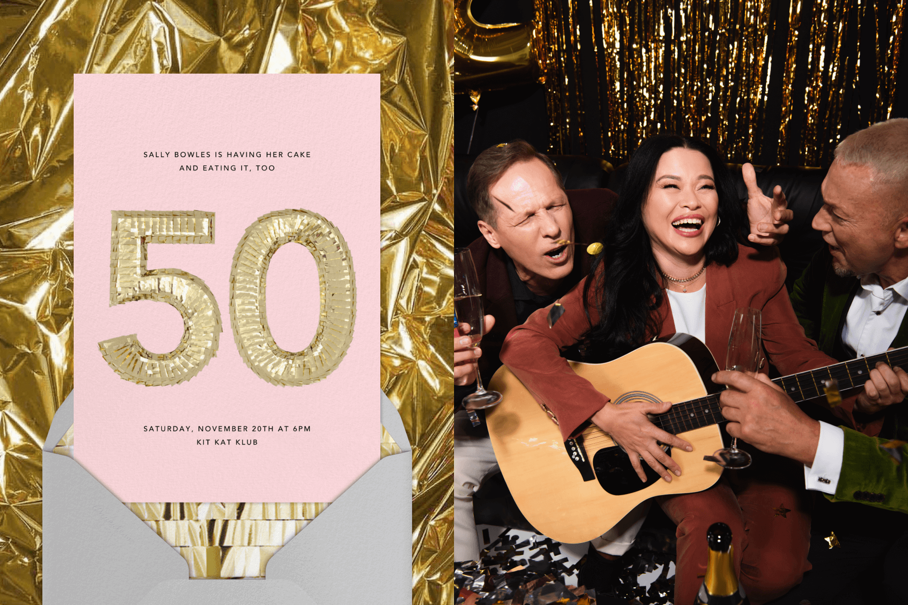 A pink birthday invitation with a gold number ‘50’; a woman playing guitar in front of gold streamers, two friends drinking Champagne and singing along.