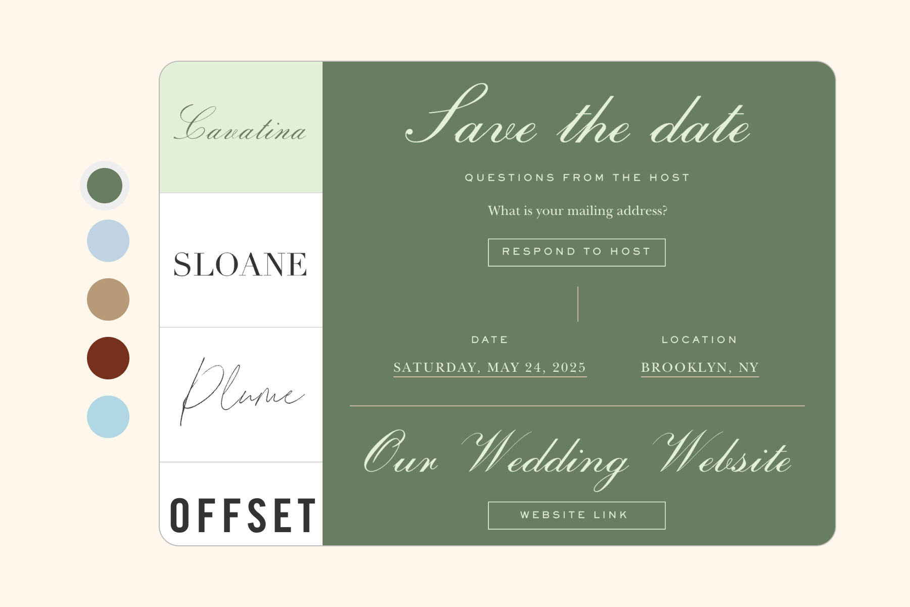 A Paperless Post save the date event page with various options for Page Styles and colors. 