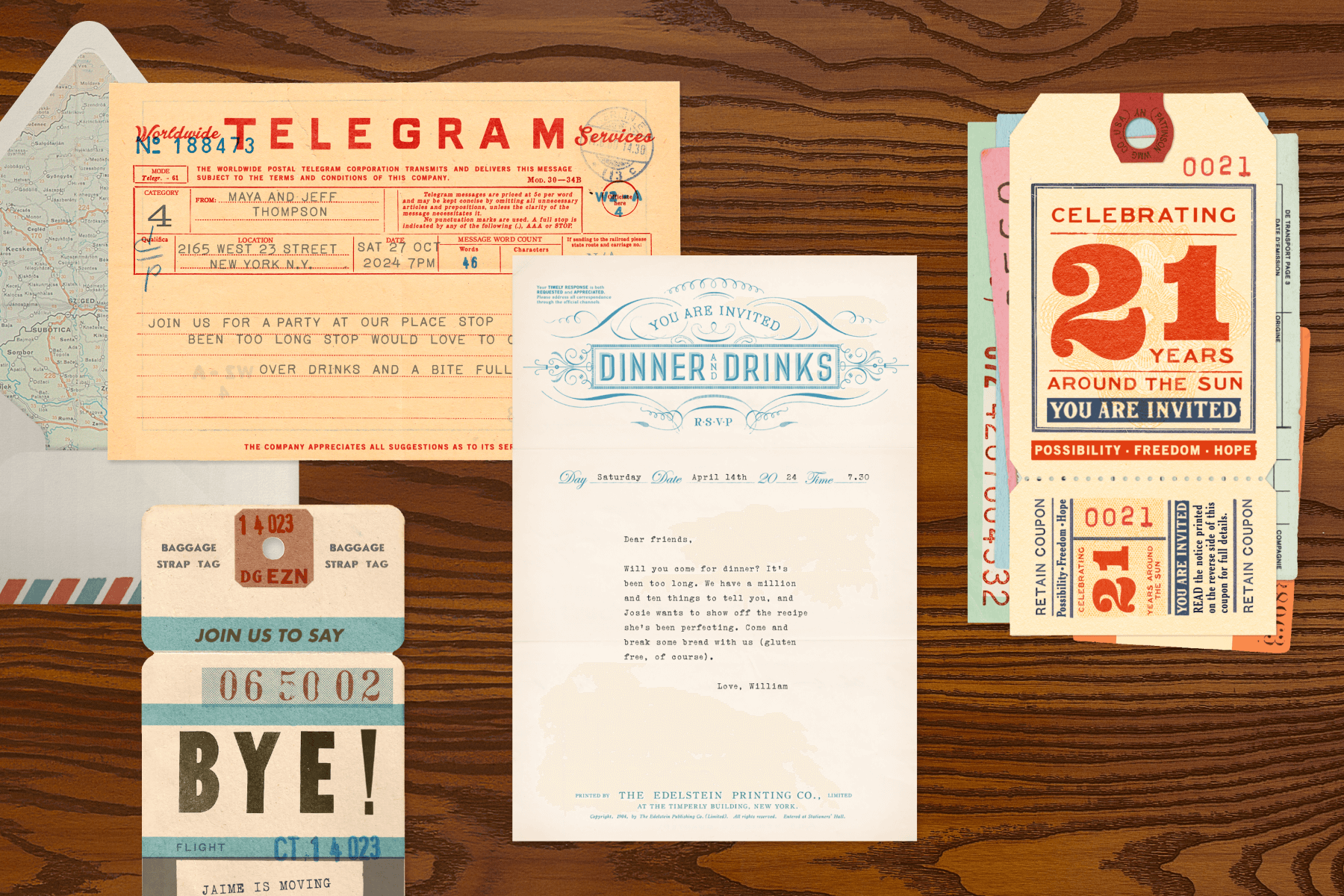 A collection of Annie’s cards; a vintage style telegram invitation with typewriter font; a vintage style travel tag with perforated edge and graphic text invitation; a vintage style typewriter invitation with filigree blue accents as a header.