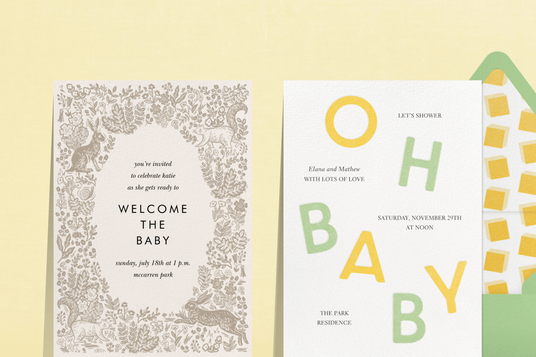 A baby shower invitation with a floral and animal-themed border; An invitation reads ‘OH BABY’ in green and yellow letters.