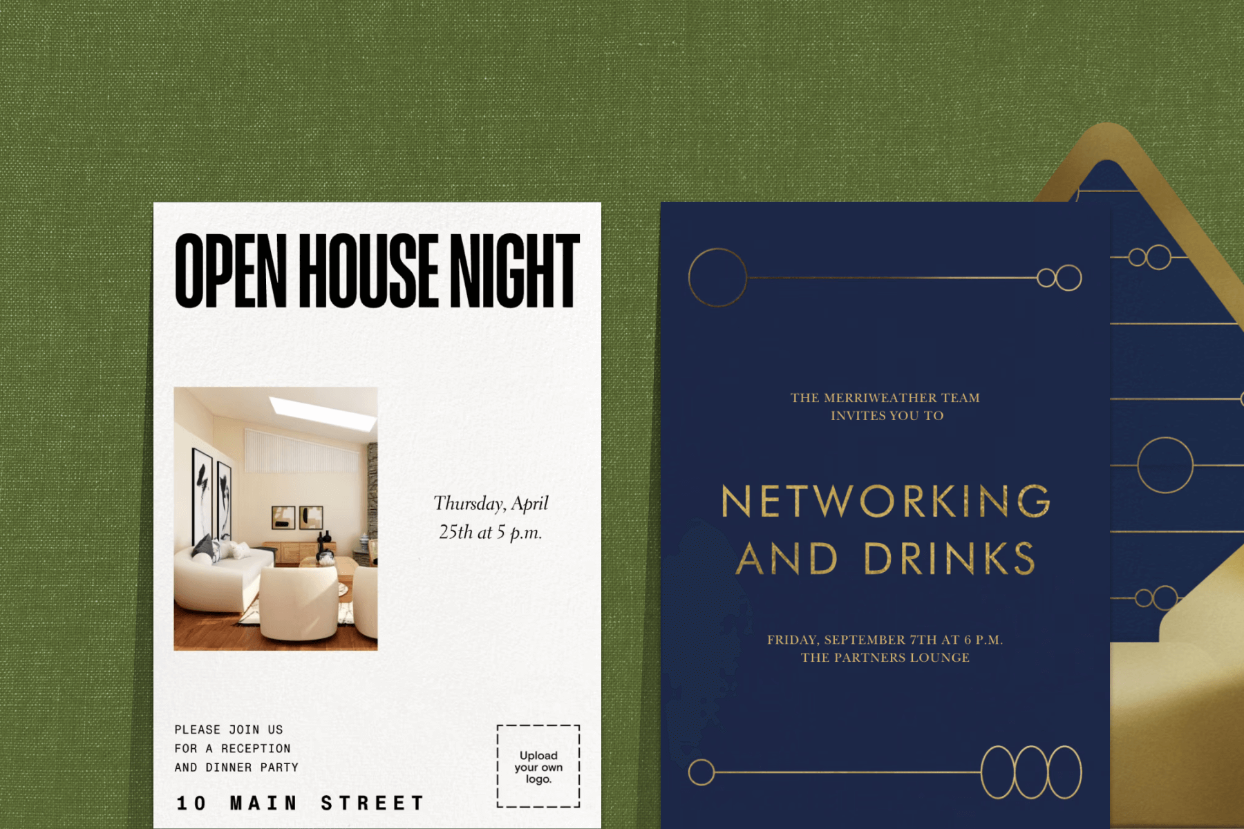 A white ‘open house night’ invitation with a photo of a living room and a navy blue ‘networking and drinks’ invitation with a gold and blue envelope on a green backdrop.