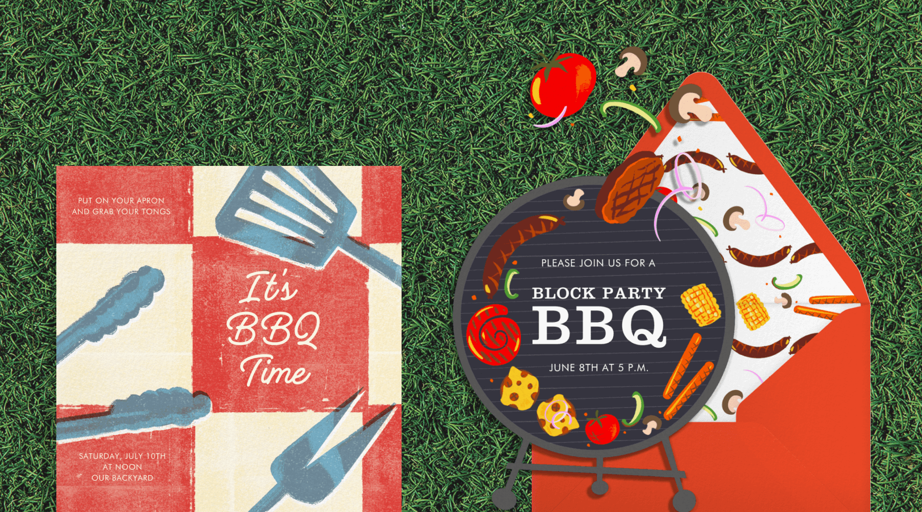 Two BBQ invitations. On the left is an illustration of grilling utensils on a checkered background. On the right is an invitation shaped like a grill and food items.