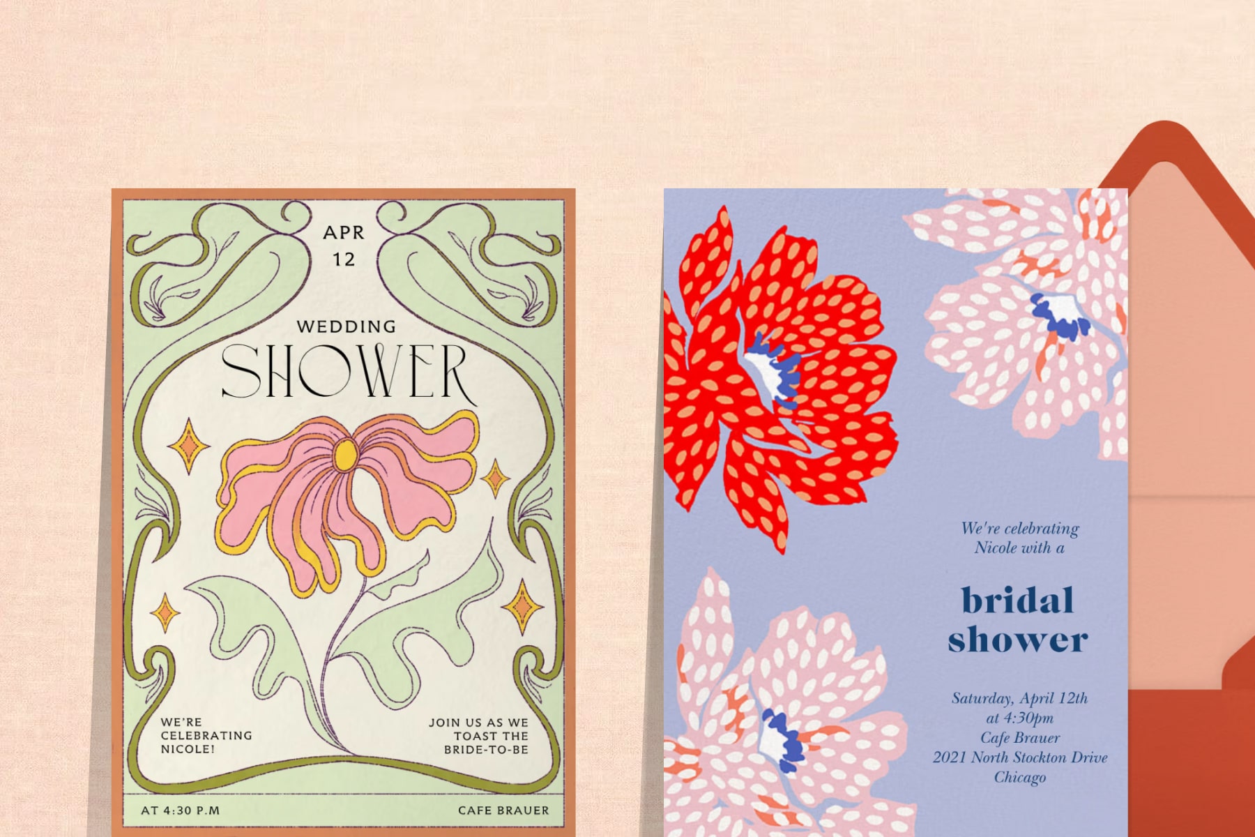 A wedding shower invitation with a 1970s-style pink flower illustration and green border; A purple bridal shower invitation with red and pink flower illustrations. 