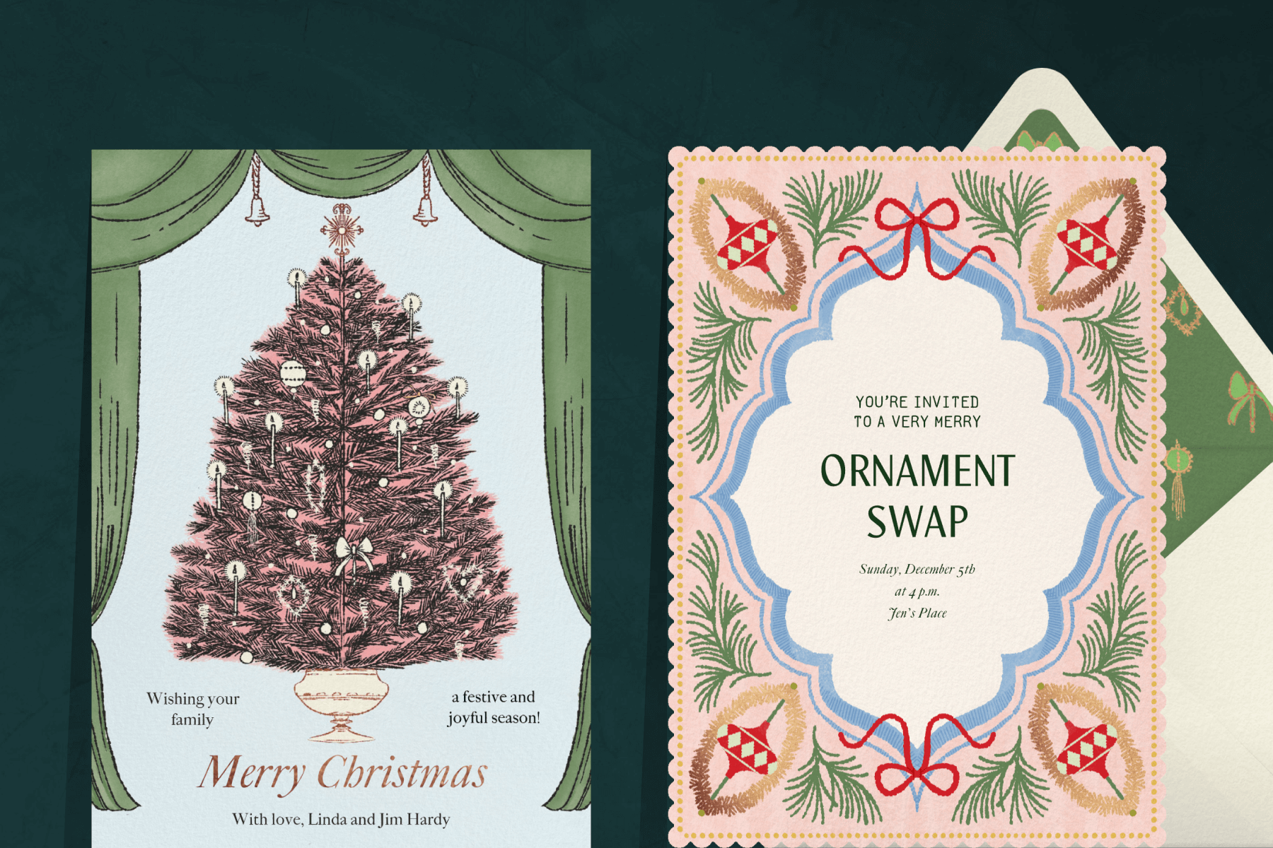 A Christmas card featuring a vintage illustration of a Christmas tree and green curtains; An ornament swap invitation featuring an ornate border of vintage toys and greenery.