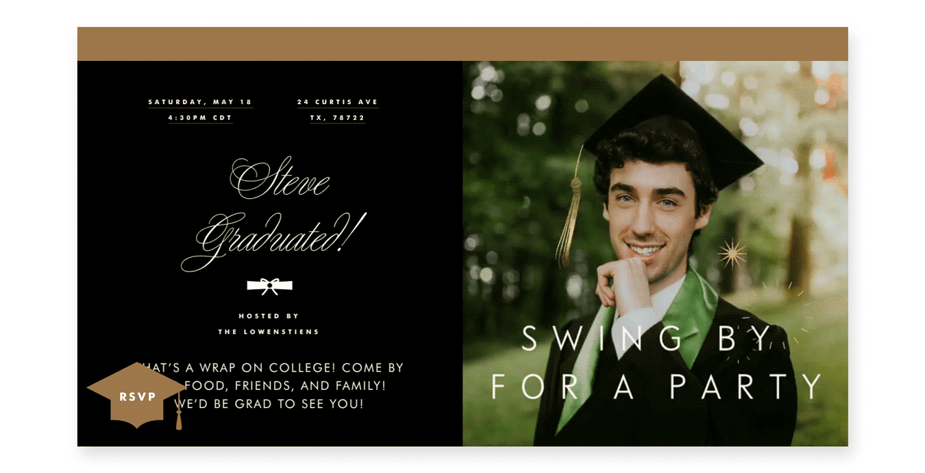 A black Flyer graduation invitation with a photo of a male graduate and the animated text “swing by for a party.”