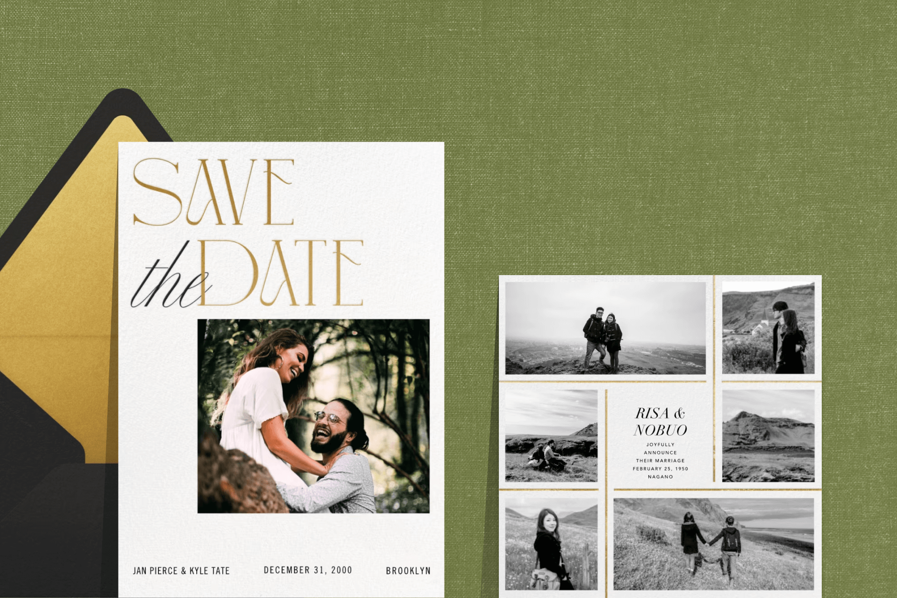 A save the date featuring a photo of a couple laughing surrounded by trees; A card featuring multiple black and white photos of a couple on a mountain. 