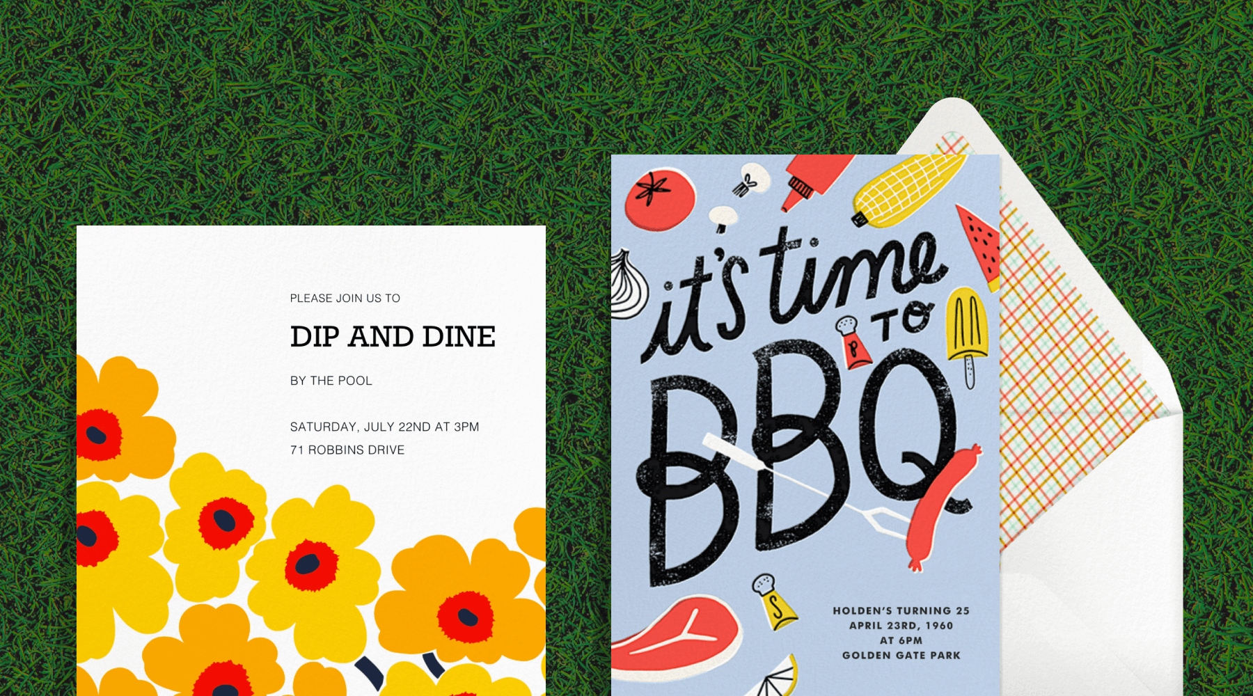 left to right; graphic bright yellow and orange daffodils on a card and an array of different BBQ foods and toppings on a card on top of a grass background 