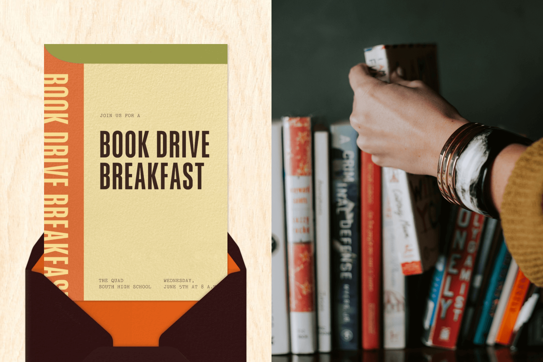 A yellow, orange, and green invitation that looks like a book for a book drive breakfast event; A hand picking a book off a shelf. 