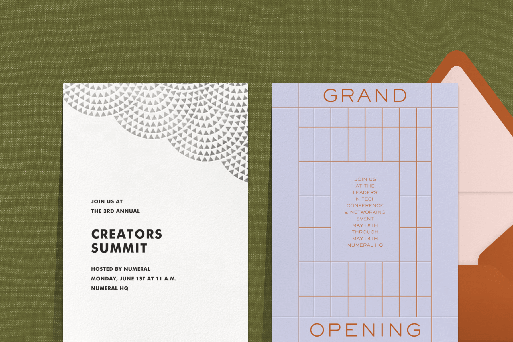 A white invitation for a business event with gray triangle designs in the top corner and simple black text; A purple grand opening invitation with a grid design. 