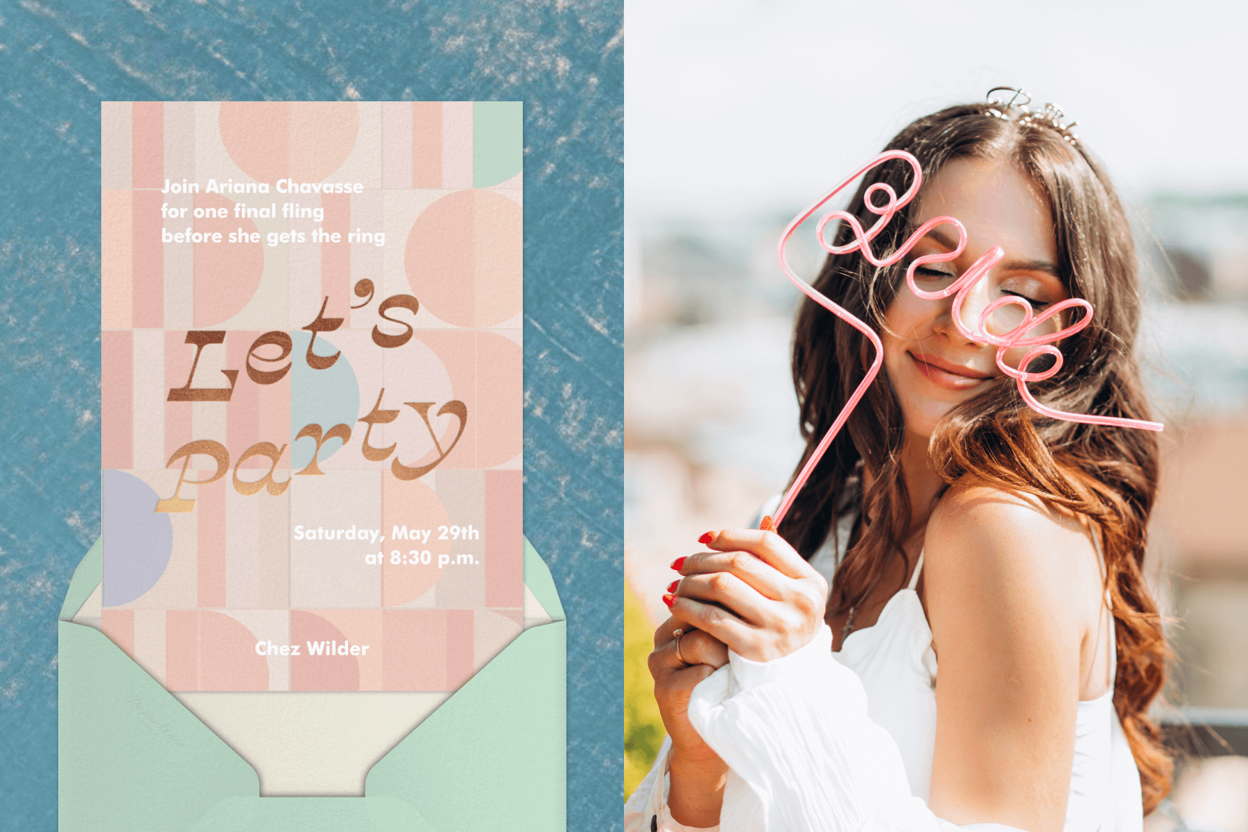 A pastel bachelorette party invitation; A bride-to-be holding a straw that spells out ‘BRIDE’.