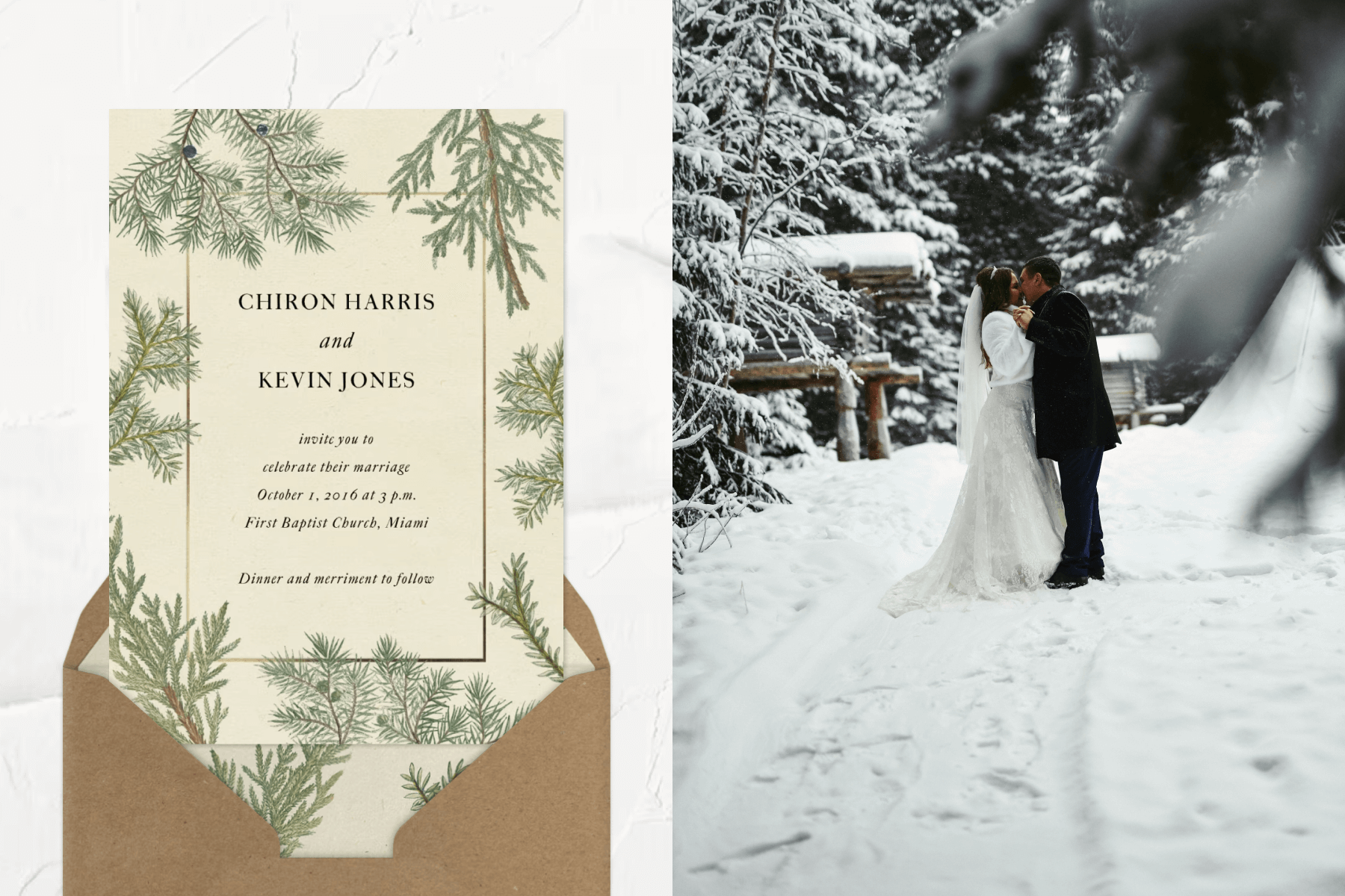 A wedding invitation featuring branches of greenery; A bride and groom kissing in the snow. 