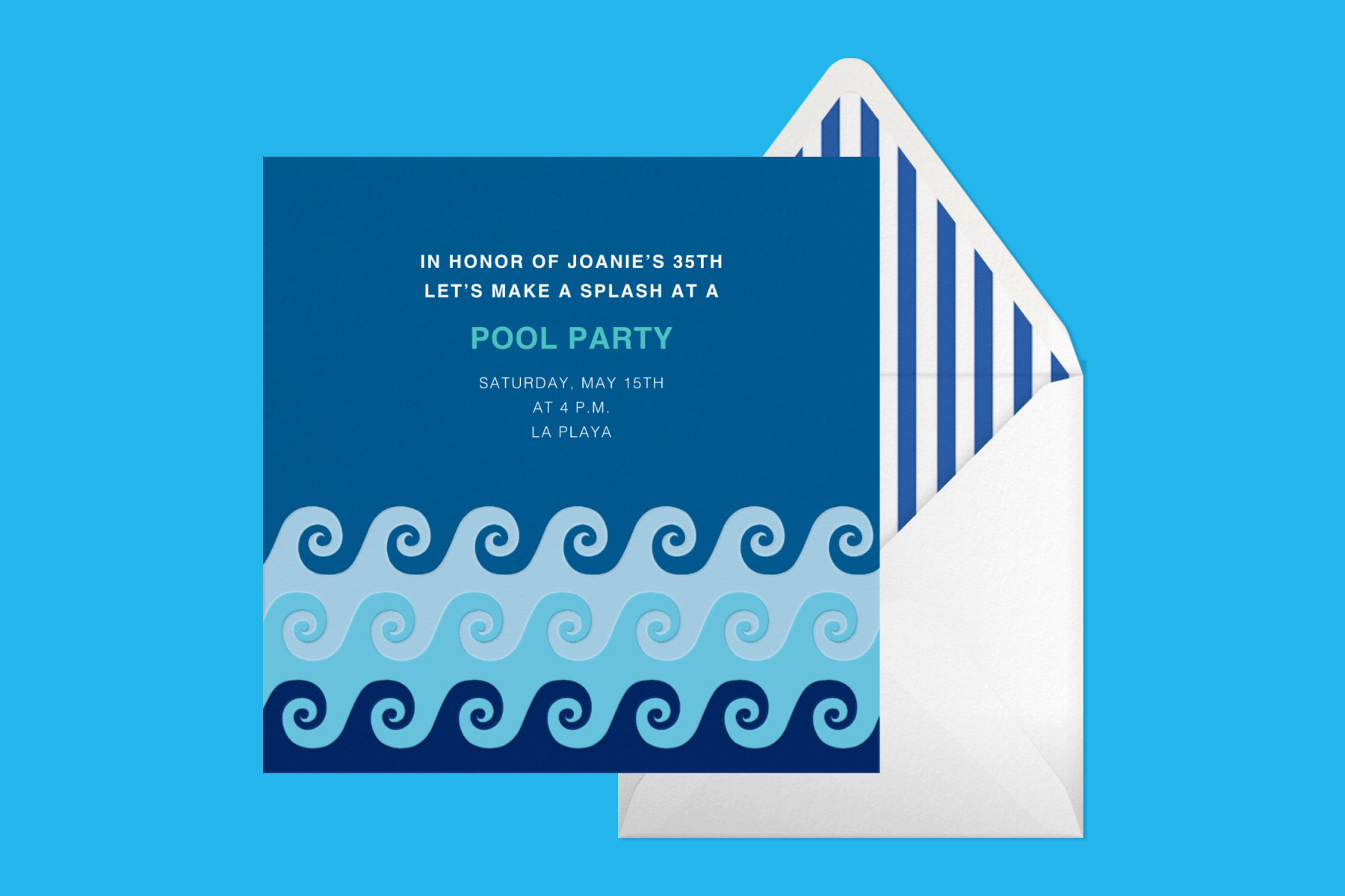 A blue pool party invitation with geometric waves on a blue background.