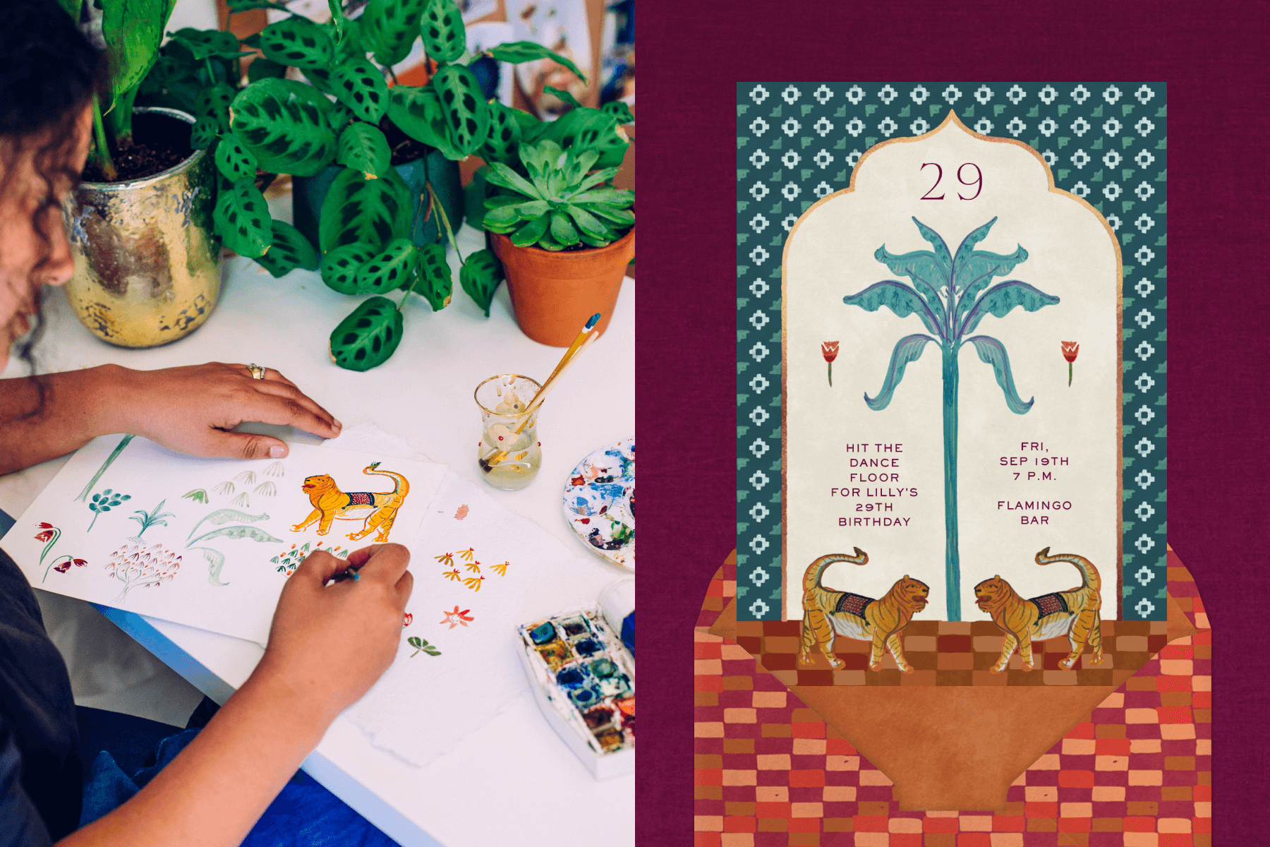 Justina painting tigers and various plants; An invitation featuring tigers and a palm tree