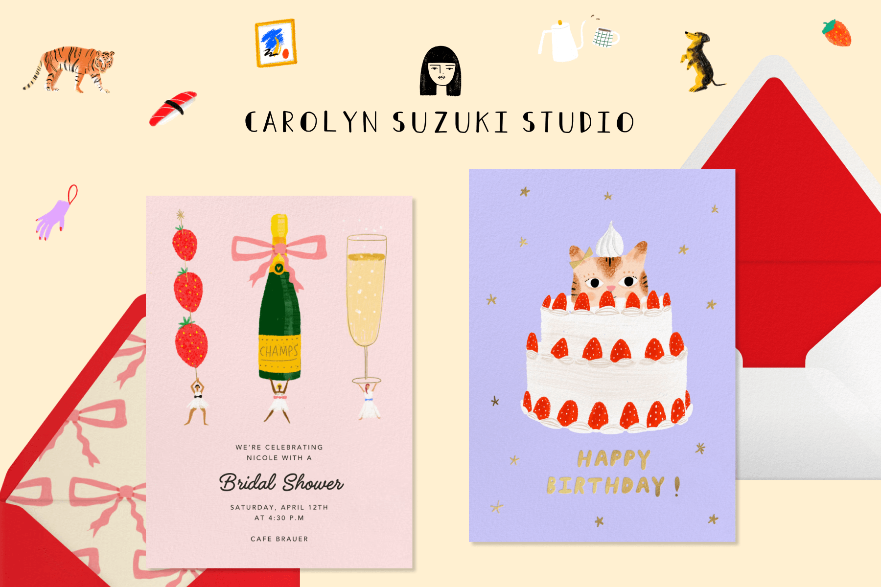 The logo for “Carolyn Suzuki Studio” above two invitations over a background with small illustrations of animals and food: A pink bridal shower invitation with illustrations of Champagne and strawberries held up by small characters in dresses; A purple birthday invitation with gold stars and an illustration of a cat coming out of a cake with strawberries. 