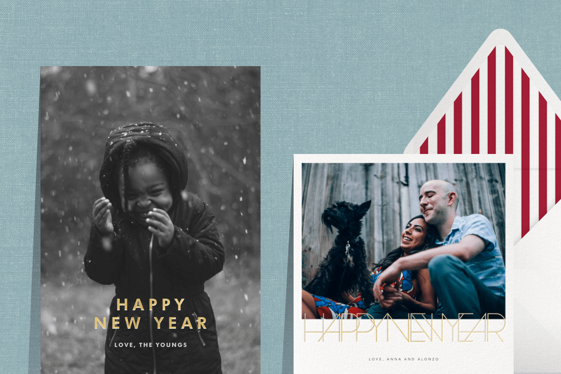 A New Year card featuring a black and white photo of a child in the snow; A New Year card featuring a photo of a couple with a dog. 