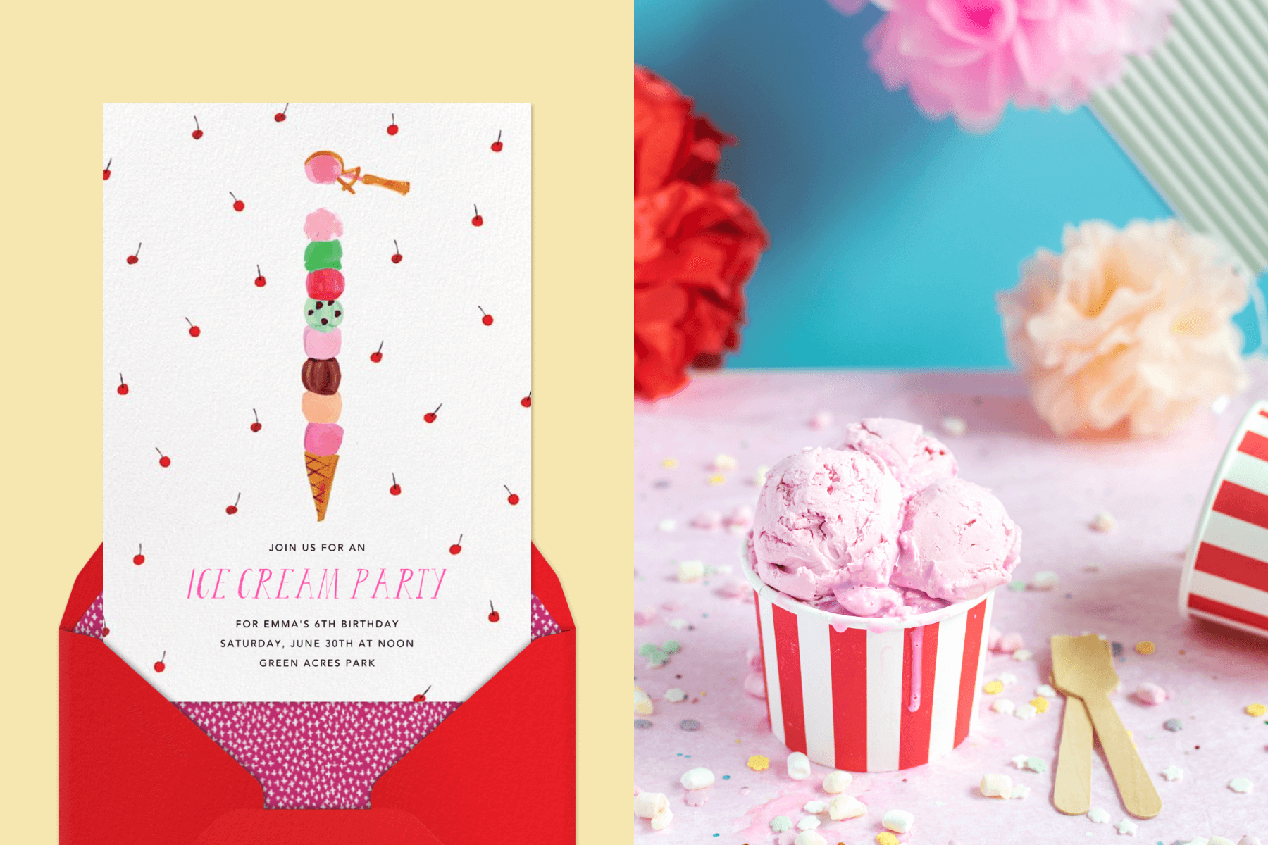 An ice cream party invitation; a cup of pink ice cream surrounded by sprinkles.