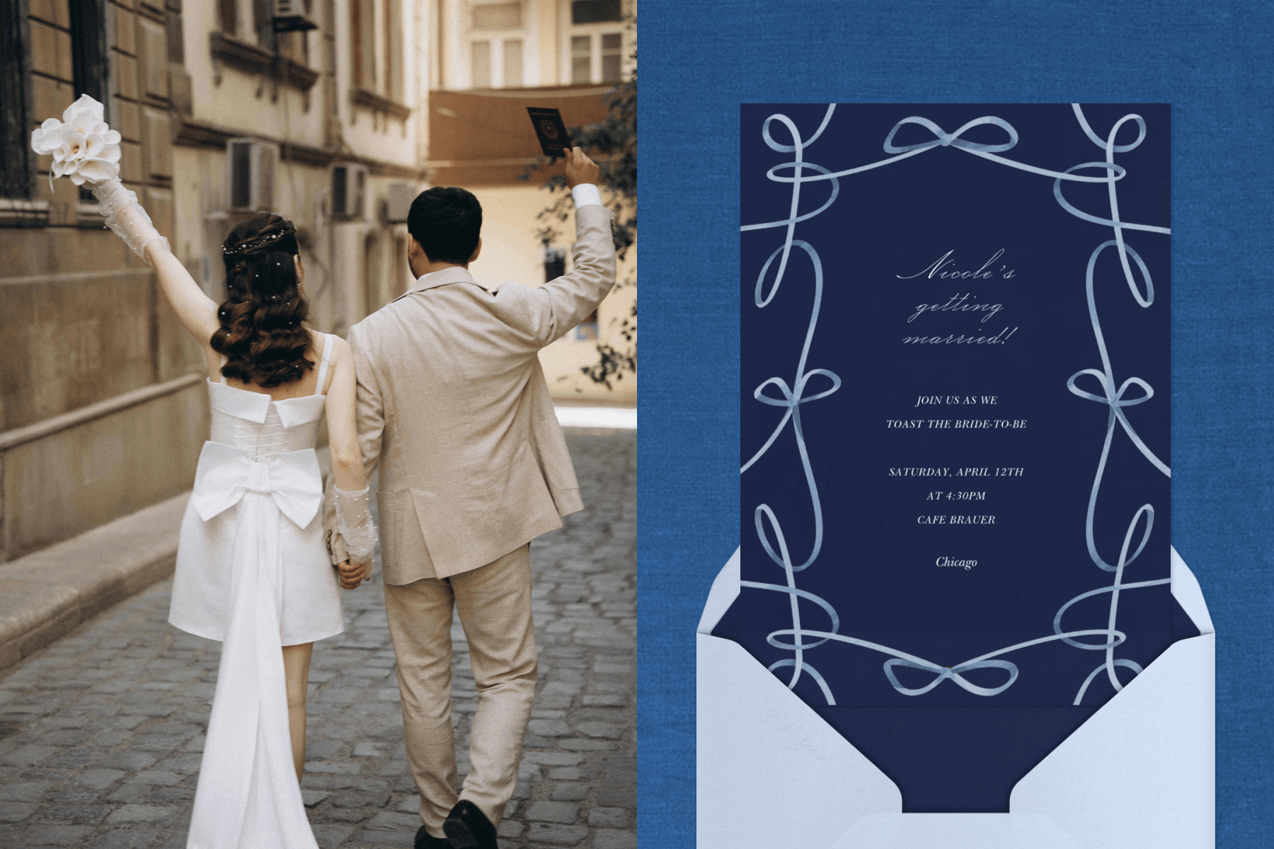 A bride wearing a white dress with a large bow on the back walking and holding hands with the groom; A dark blue wedding invitation with a border of light blue ribbons. 