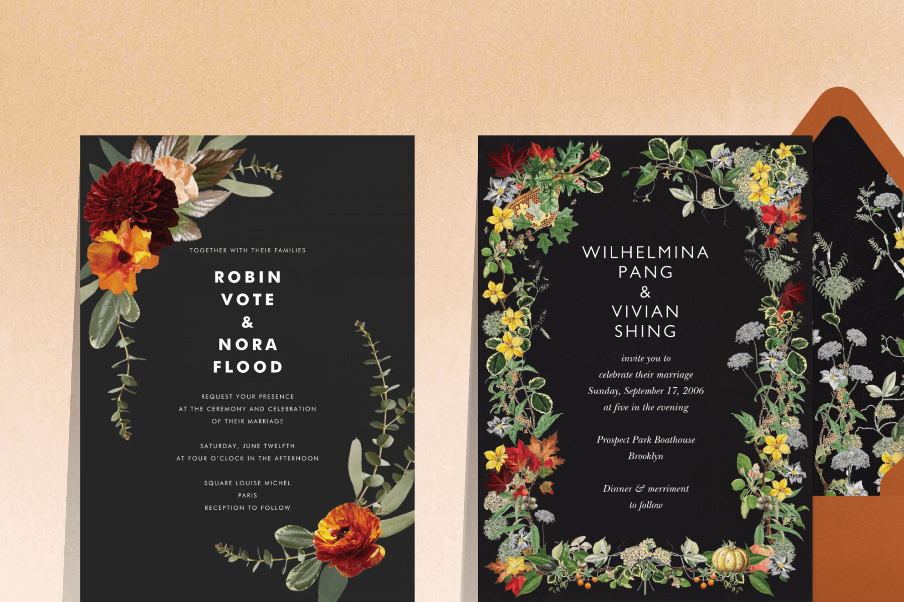 A black wedding invitation with red and yellow flowers in the corners and white text; A black wedding invitation with a multicolored floral border and white text.