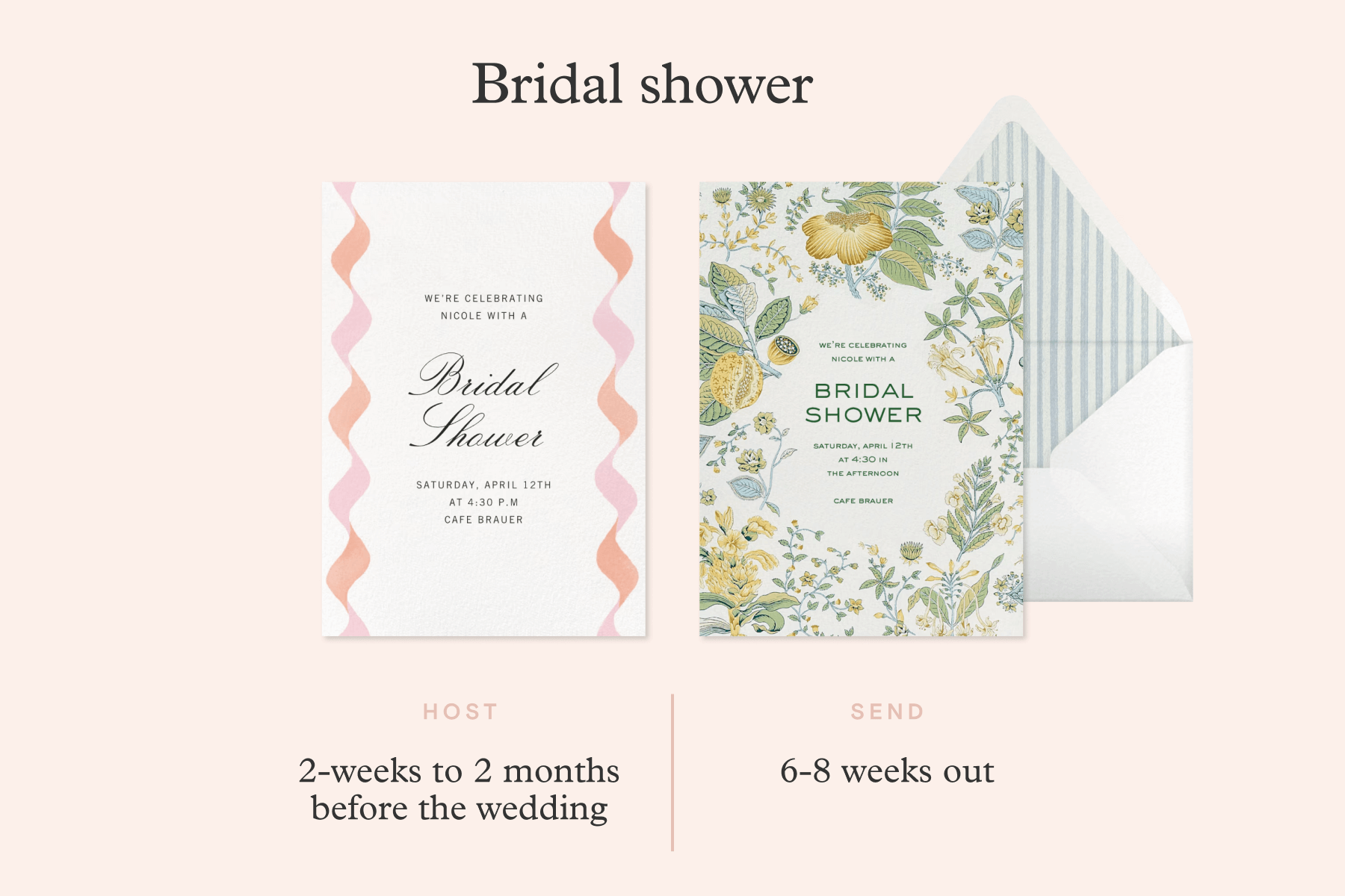 A graphic featuring a white bridal shower invitation with a pink and orange border and a bridal shower invitation with green and yellow florals, along with text stating that bridal showers should happen 2 weeks to 2 months before the wedding, and bridal shower invitations should be sent 6-8 weeks out.