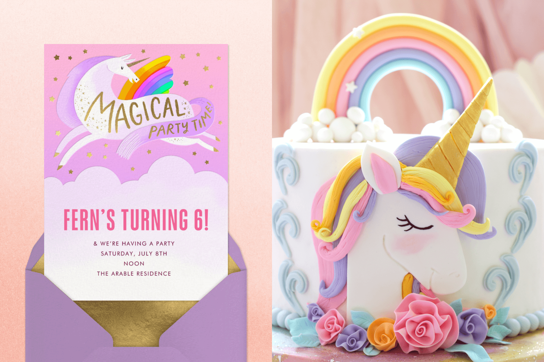 Left: An invitation shows a rainbow unicorn jumping above a cloud with gold stars above. Right: A white cake with an image of a unicorn with a purple, pink, yellow and orange mane, a rainbow cake topper, and piped roses.