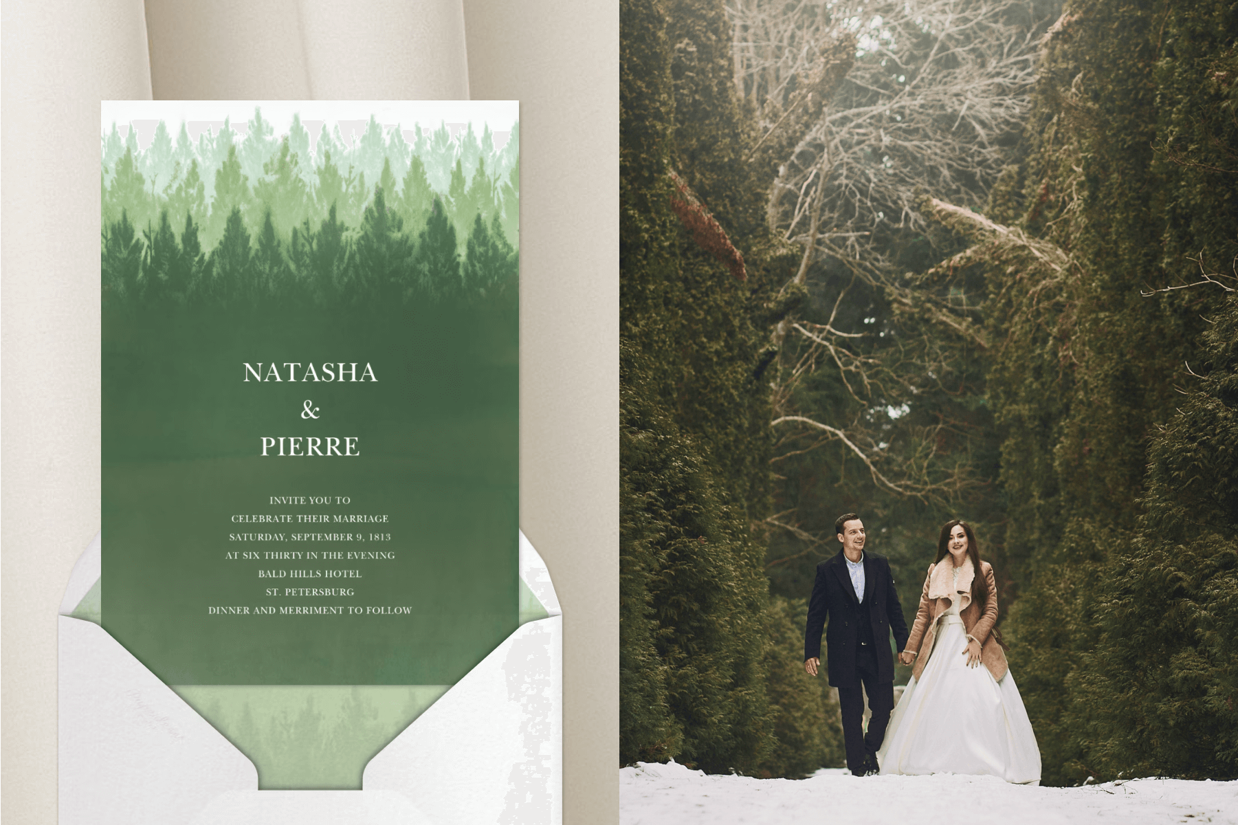 A wedding invitation covered in an illustration of a green forrest; A bride and room holding hands in the snow surrounded by trees. 