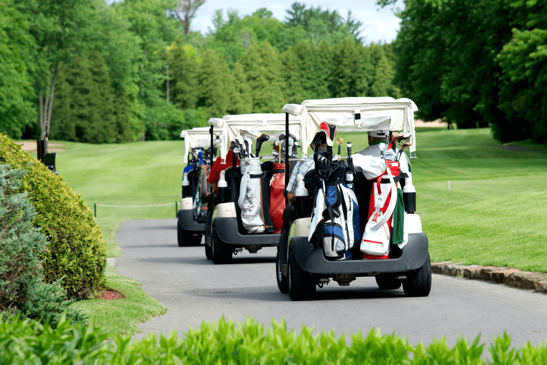 Three golf carts drive on the road of a golf course.