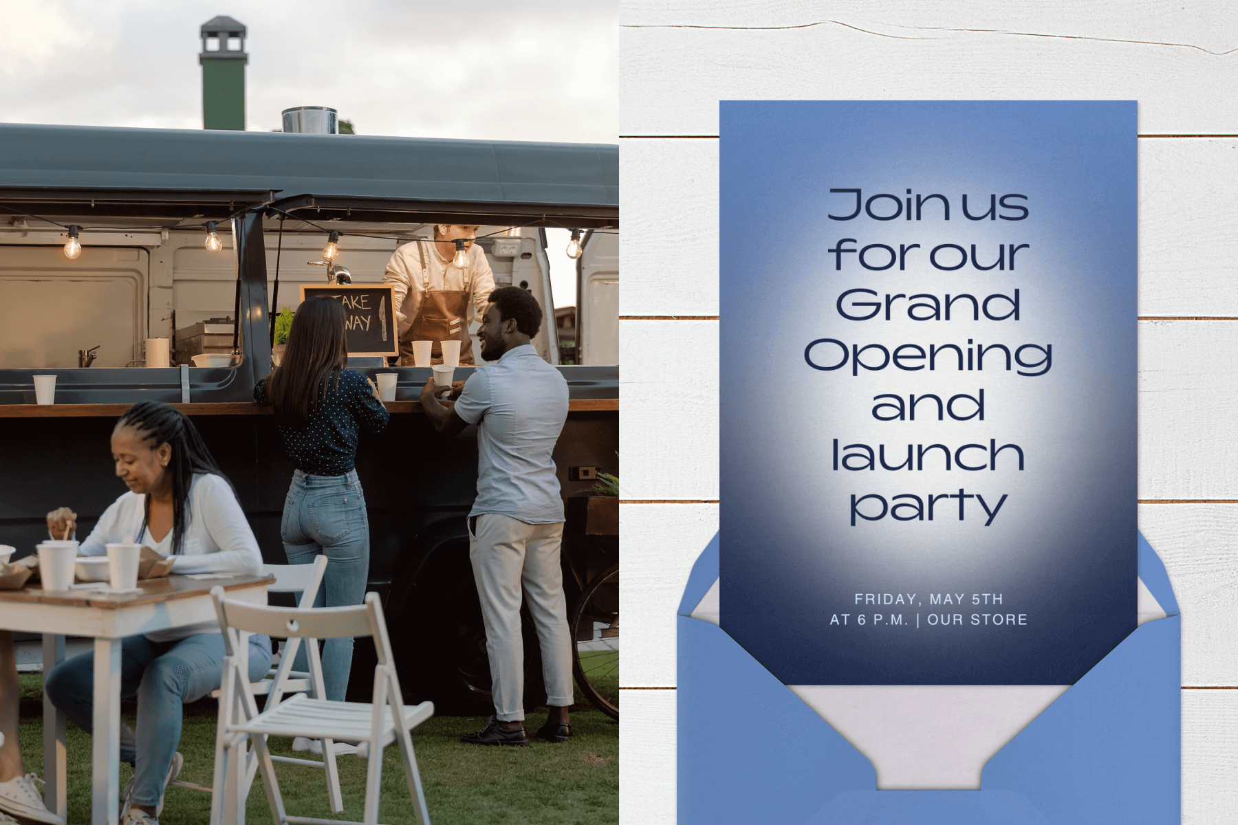 An outdoor event with people standing by a food truck; A blue gradient launch party invitation with large text.