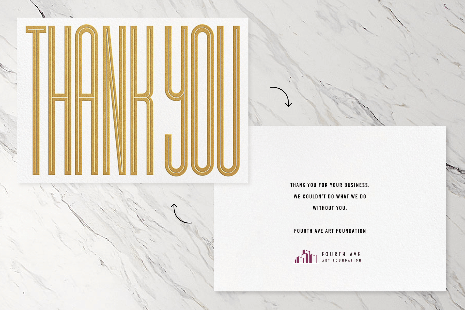 A white thank you card with large gold lettering on the front and a thank you message and business logo on the back.