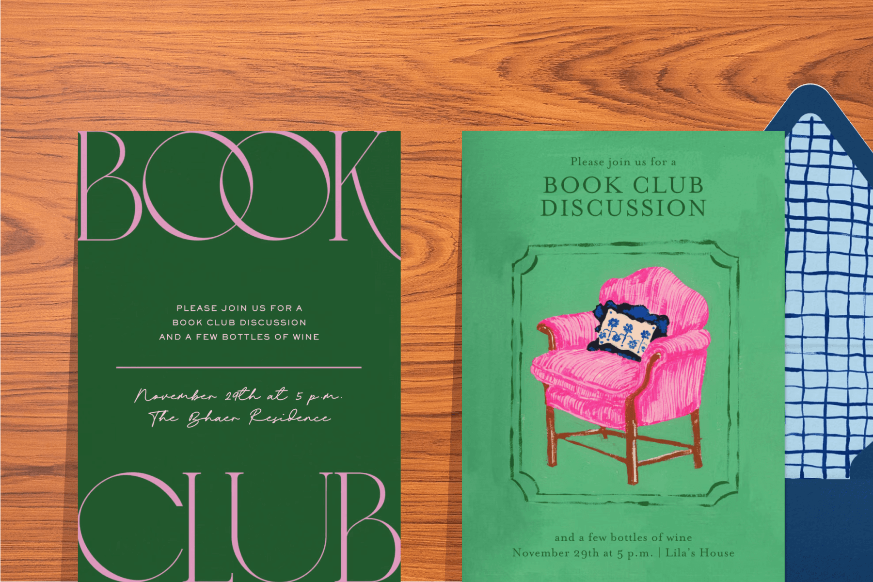 A dark green book club invitation with large pink text and a green book club invitation with an illustration of a pink chair, both over a wooden backdrop. 