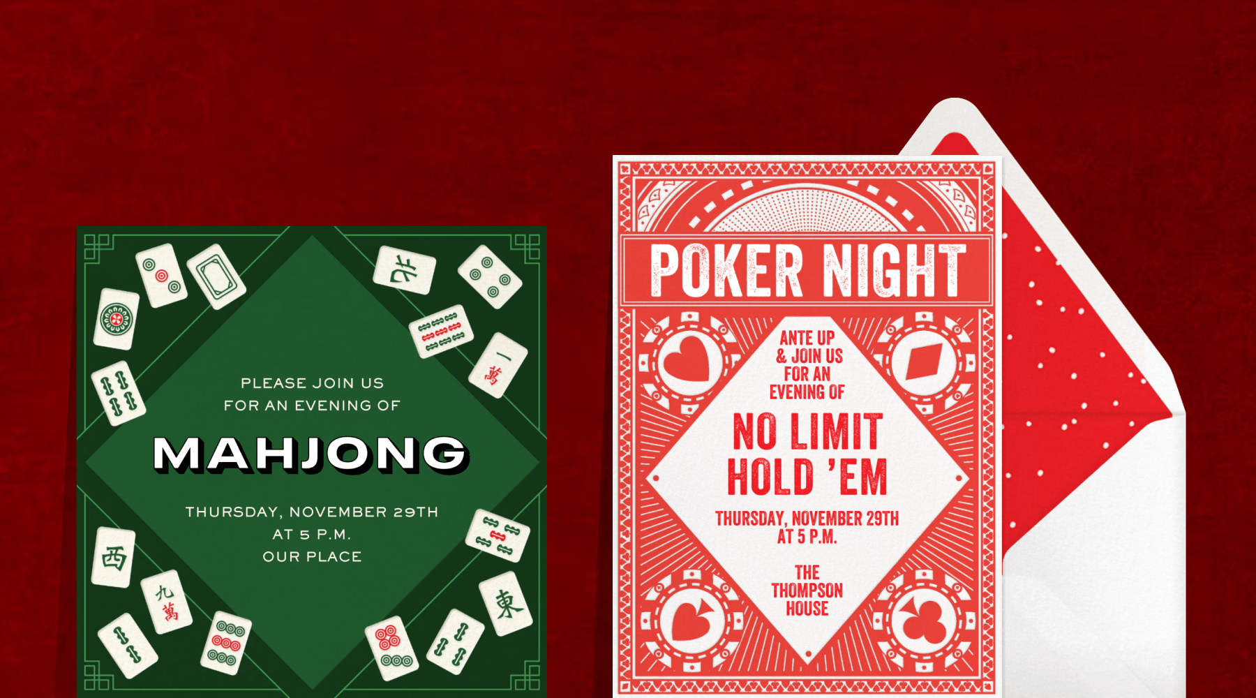 A green invitation for a night of Majhong; A red and white invitation for a poker night.