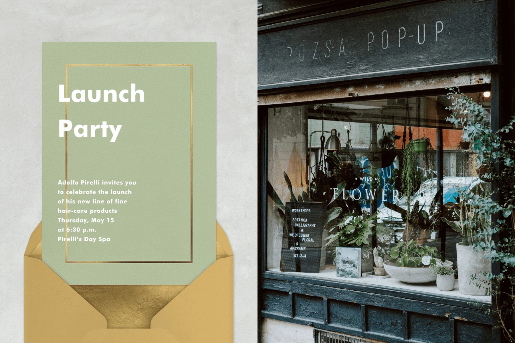 A light green launch party invitation with a gold border; A flower shop store window. 