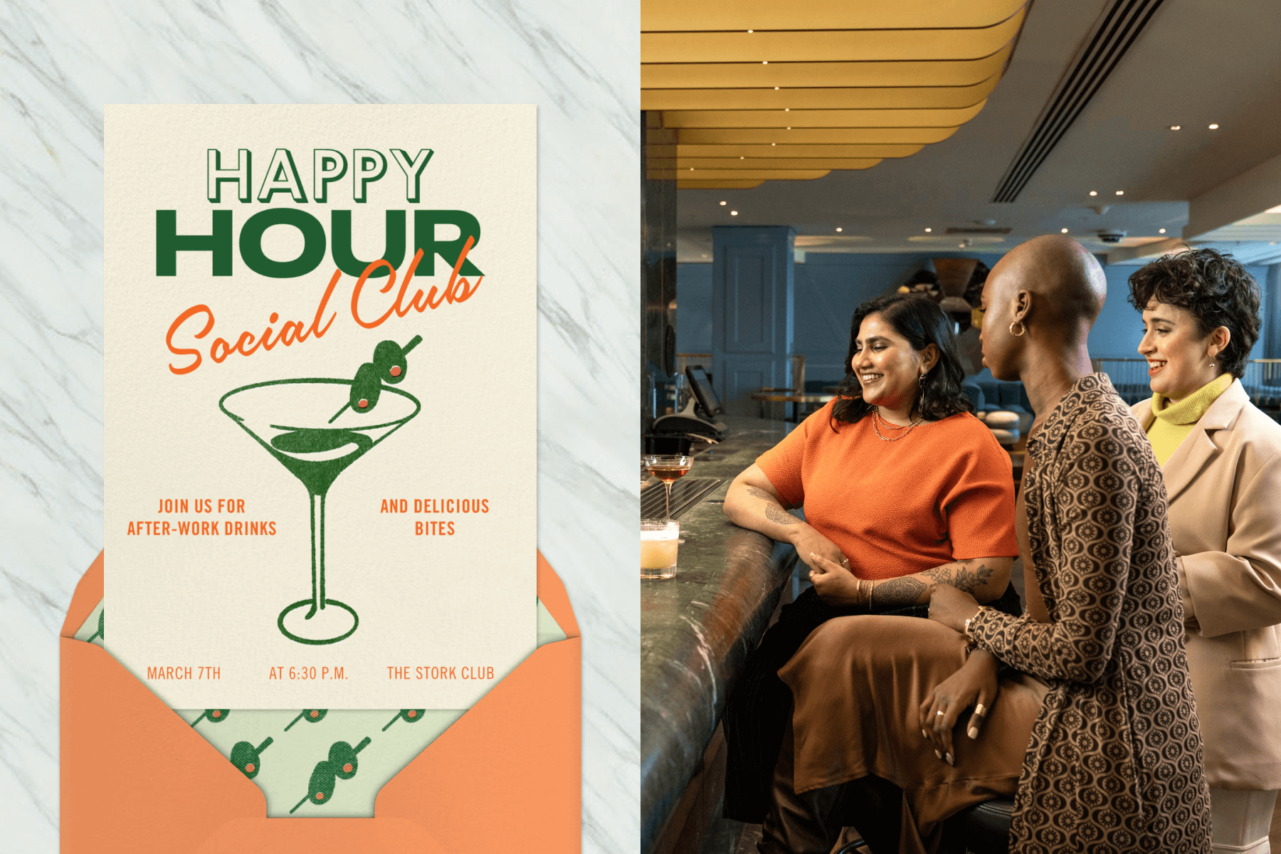 A happy hour invitation with a graphic of a martini with olives; A group of friends stand at a bar together.