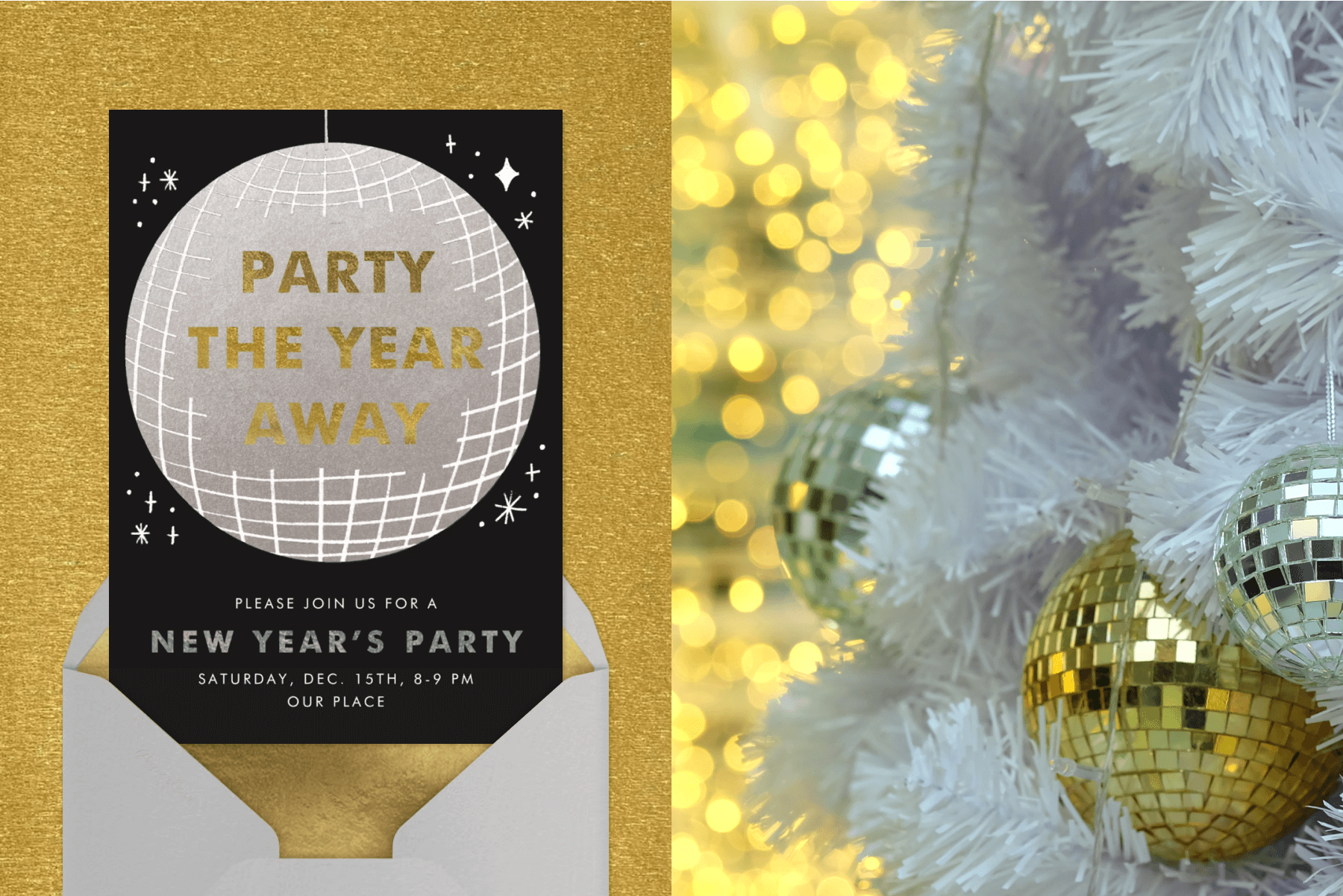 A New Year’s Eve party invitation with a disco ball with gold and silver text; Gold and silver disco balls hang on a white tree. 