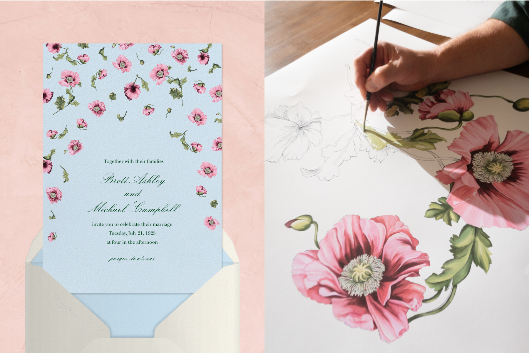 A blue wedding invitation featuring pink falling flowers; Hands painting pink flowers.