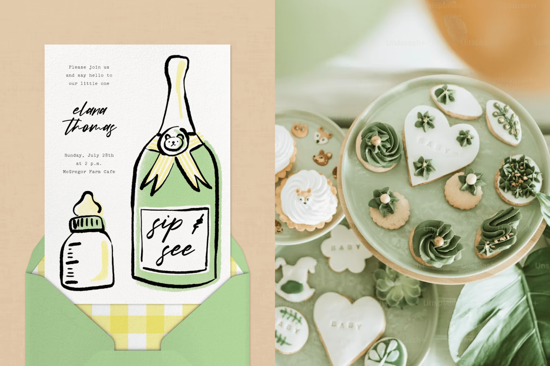 A sip and see invitation featuring illustrations of a bottle of Champagne and a baby bottle; Green trays topped with green and white desserts including cookies and cupcakes. 