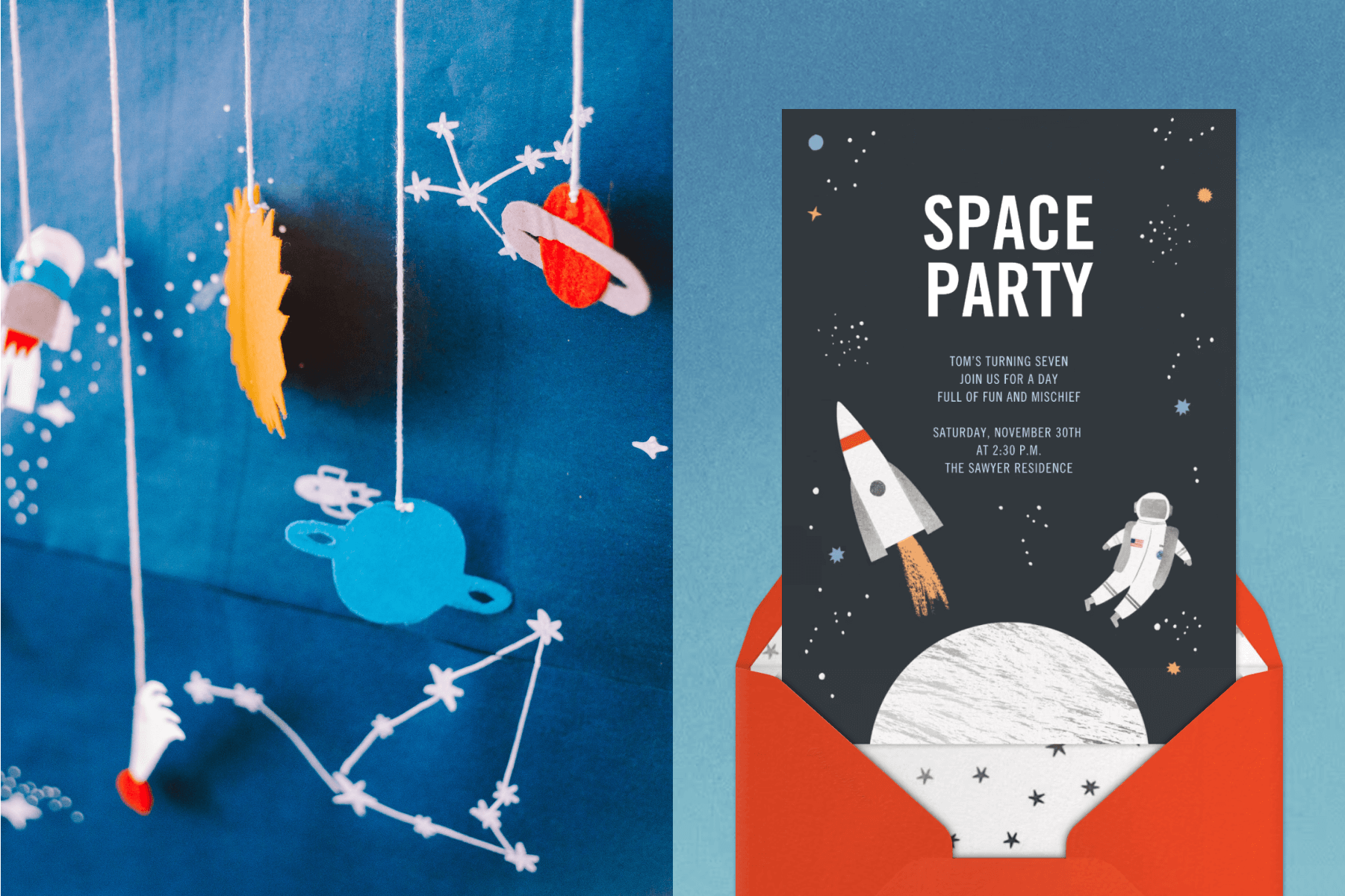 Planet, star, and sun decorations hanging from strings over a blue wall; A black birthday invitation with white text, stars, a rocket ship, an astronaut, and the moon. 