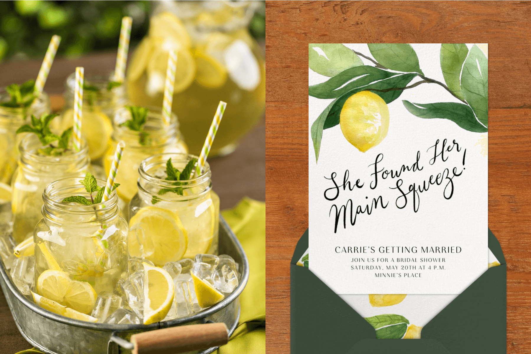 Glass jars of beverages containing lemon wedges in a tray with ice; A bridal shower invitation with an illustration of a lemon on a branch with leaves.