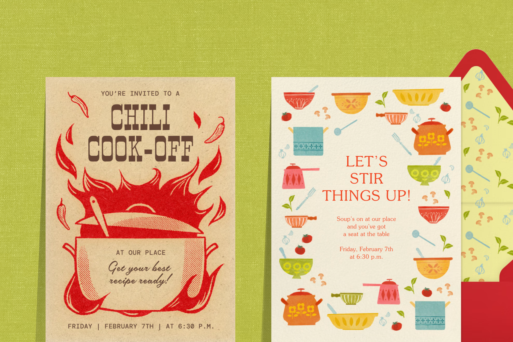 An invitation for a chili cook-off with an illustration of a pot with red flames and chili peppers; An invitation reading ‘LET’S STIR THINGS UP!’ with colorful illustrations of different bowls and pots.