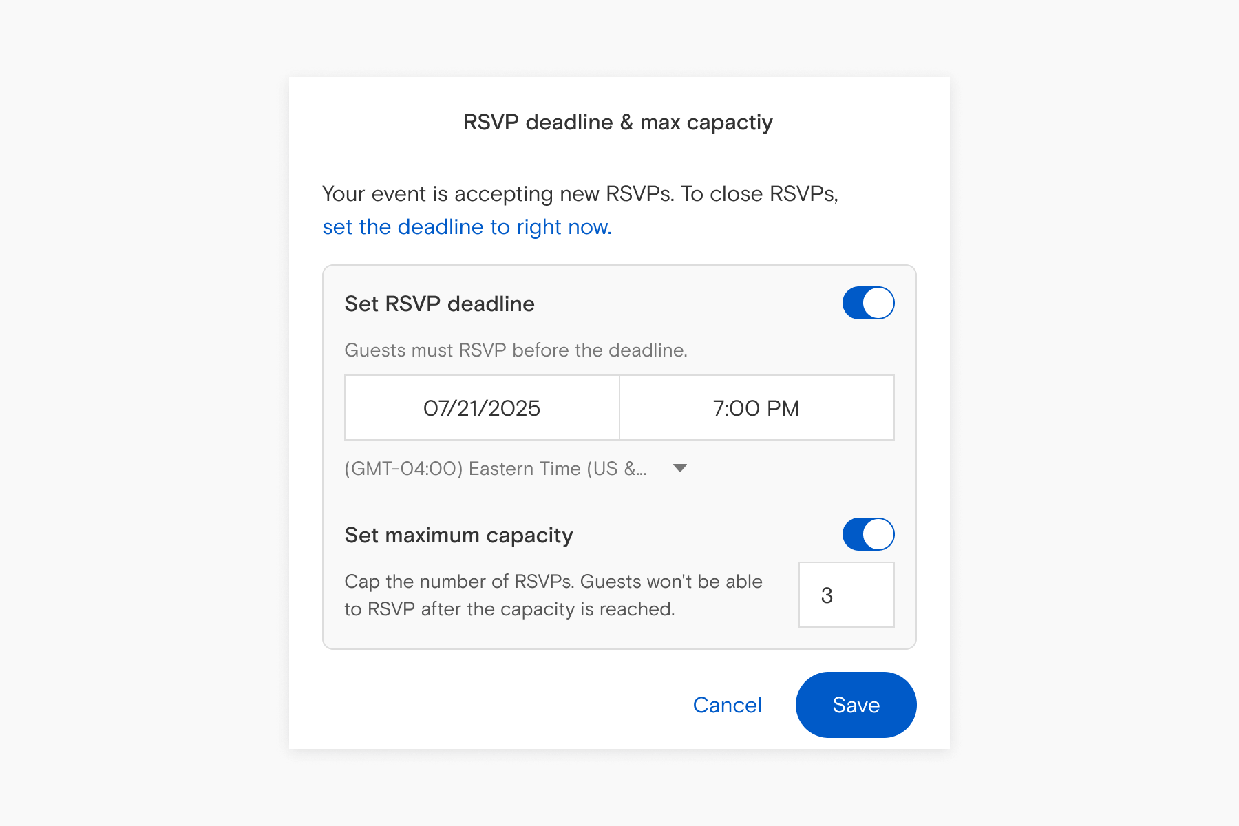 A screen image showing the option to set an RSVP deadline and maximum capacity on a Paperless Post invitation. 