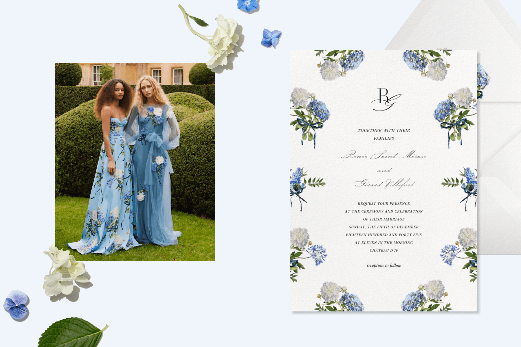 Left: Image of two women in long flowing blue gowns with white hydrangea motifs on them; Right: Invitation with a mixture of white and light blue hydrangeas framing the text