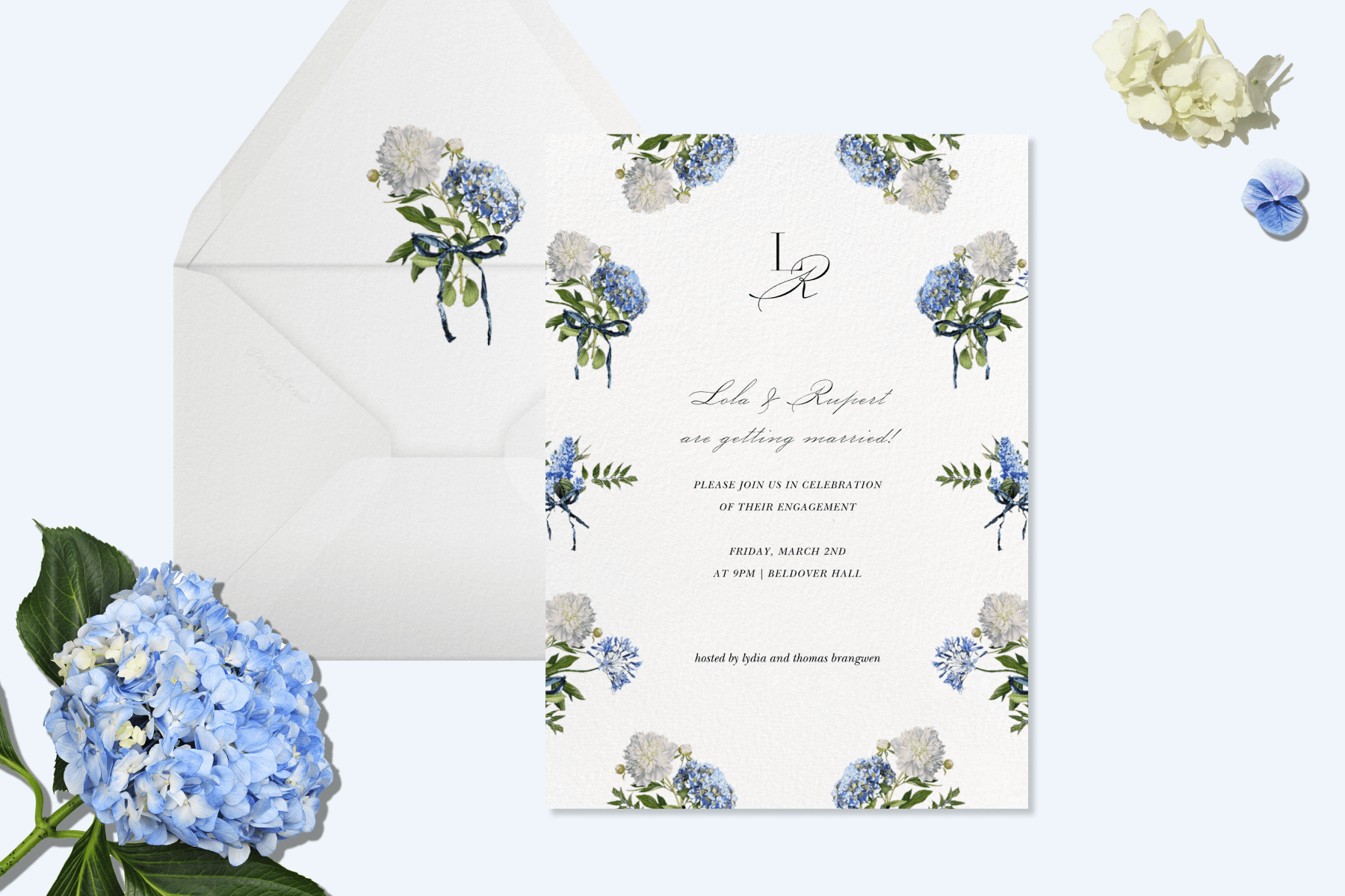 Invitation with a mixture of white and light blue hydrangeas framing the text on a light blue background