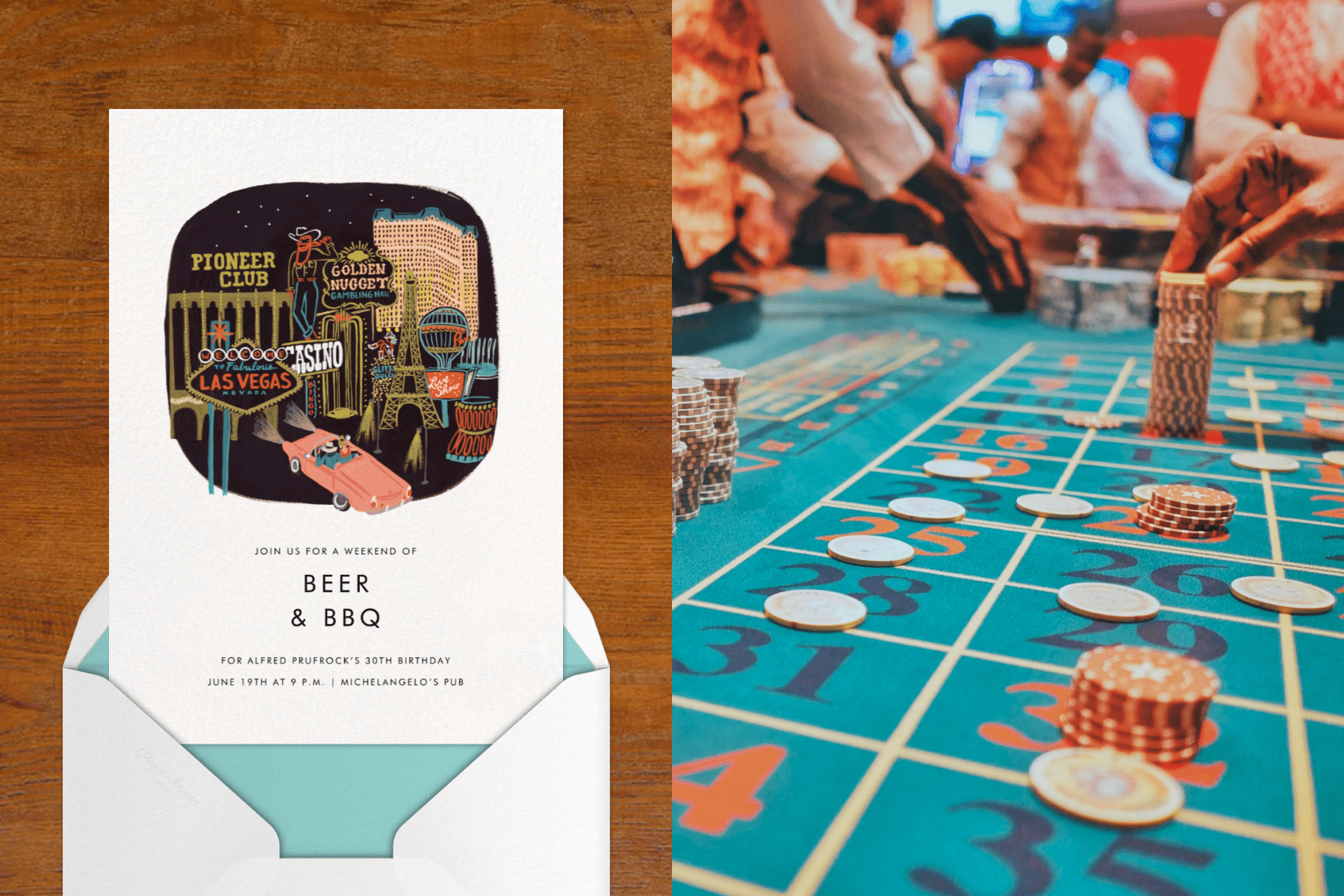 A 30th birthday invitation with an illustration of the Las Vegas strip; A Roulette table with stacks of chips.