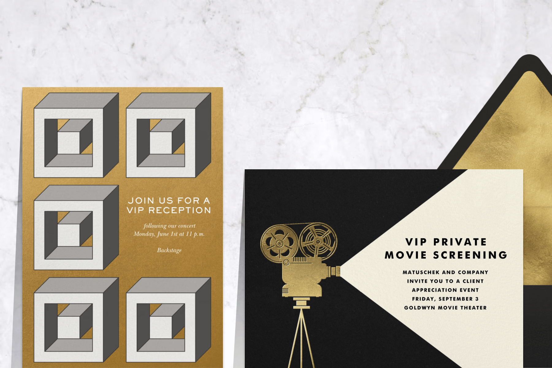 A gold invitation for a VIP reception with grey 3D cube designs; A VIP screening invitation with an illustration of a gold film camera. 