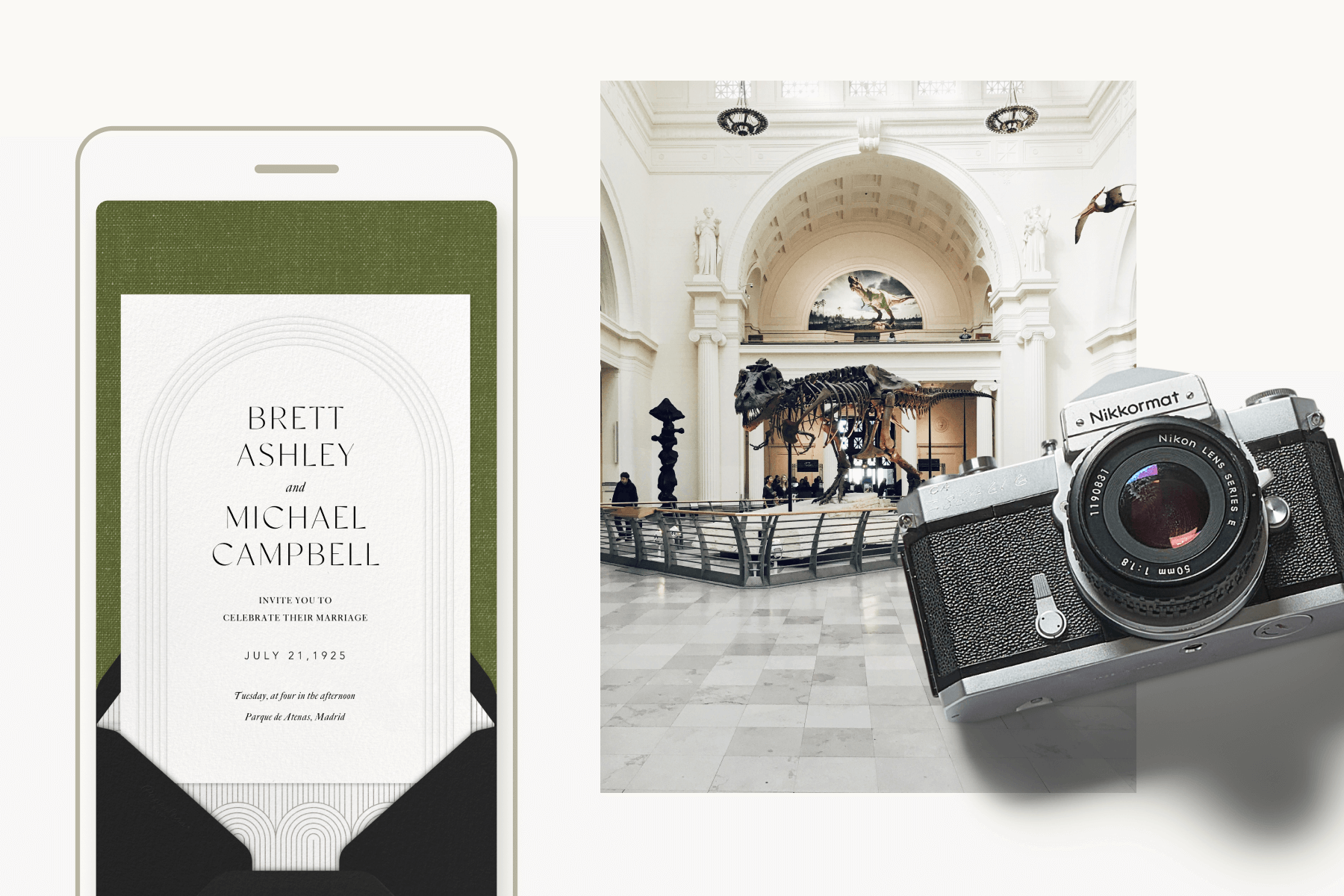 A wedding invitation with an arched border; A museum with a large dinosaur fossil and a film camera. 