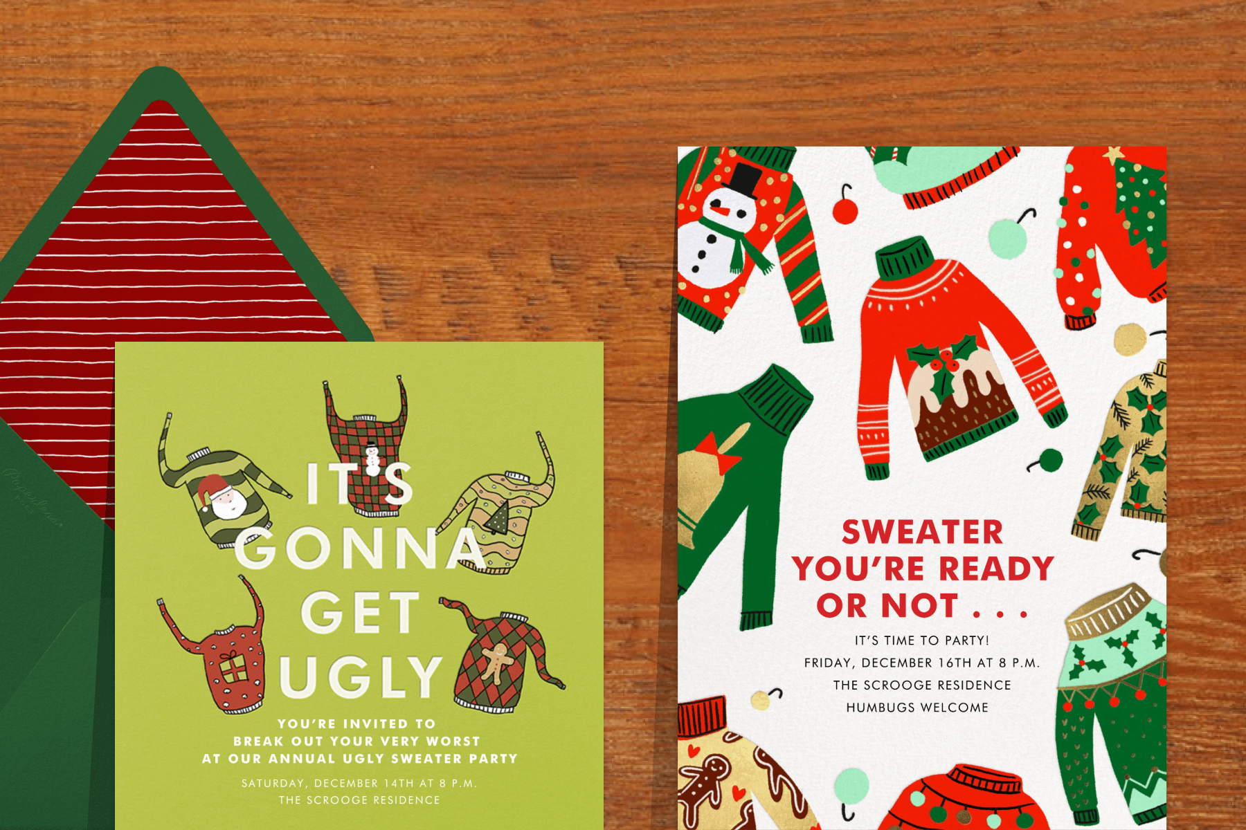 A green invitation featuring multiple Christmas sweater illustrations and text reading ‘IT’S GONNA GET UGLY’; An invitation featuring multiple Christmas sweater illustrations and text reading ‘SWEATER YOU’RE READY OR NOT…’. 