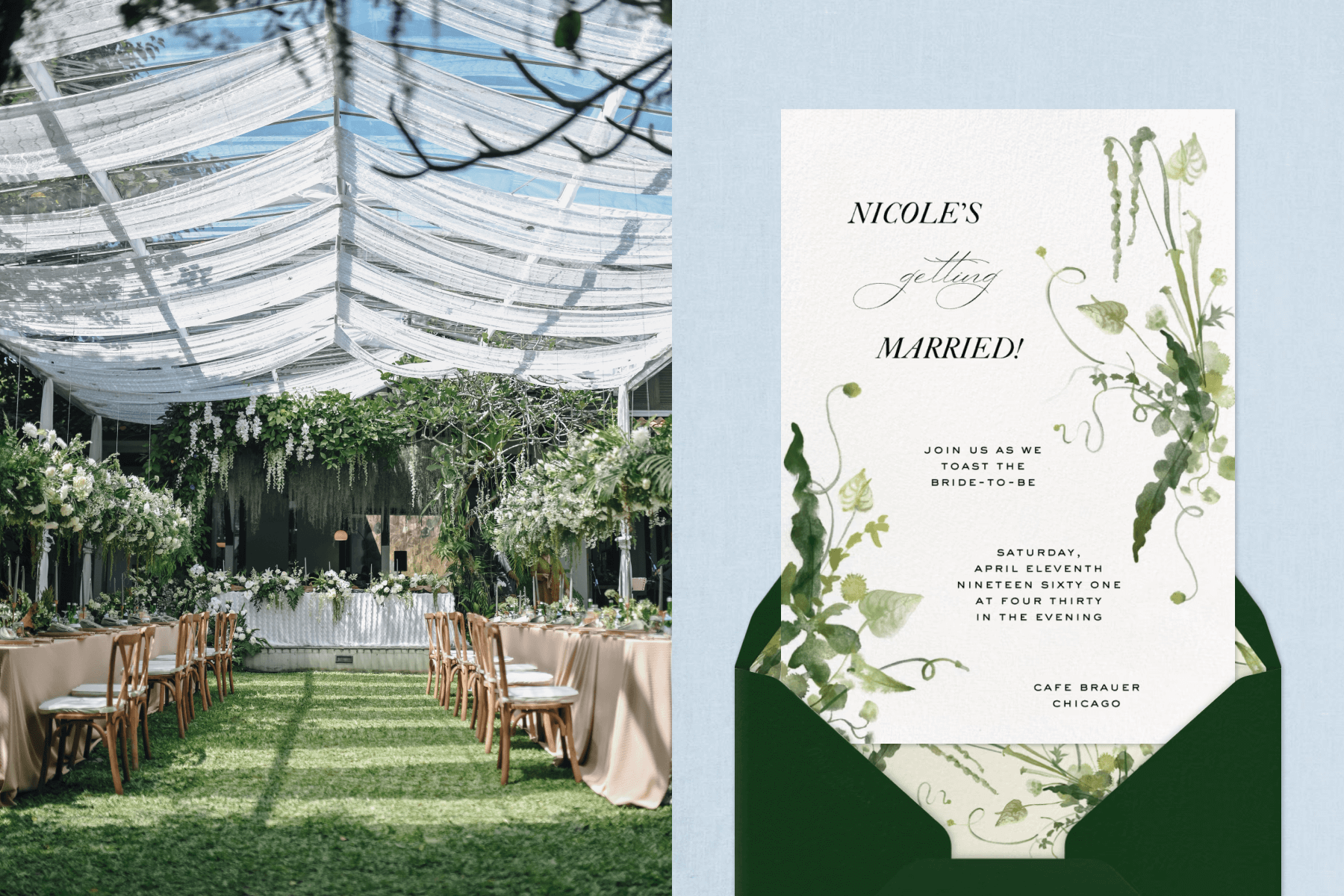 An outdoor wedding reception area with dinner tables on the grass surrounded by white flowers and a white awning; A white wedding invitation with watercolor greenery. 