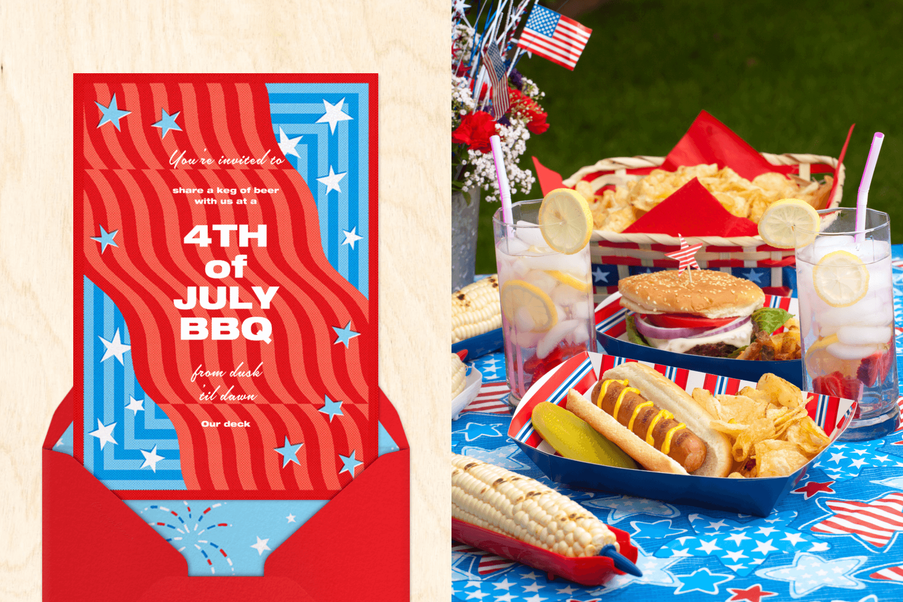An invitation with a wavy, red striped banner on a blue striped background and a red envelope with fireworks liner; a spread of cookout foods (corn, hotdog, burger, cold drinks) with American flag motifs on an outdoor table.
