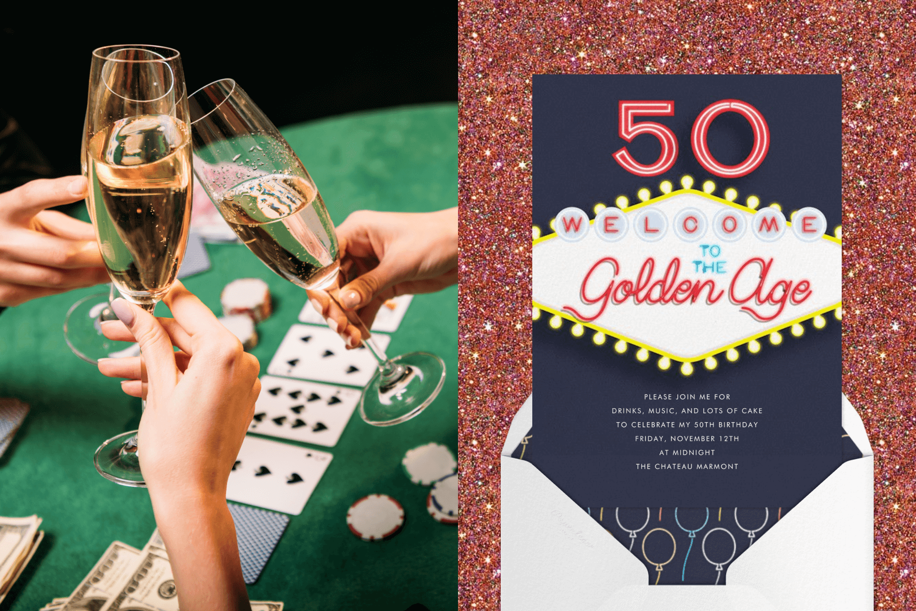 3 glasses of champagne being clinked together over a poker table; a casino-themed 50th birthday invitation.
