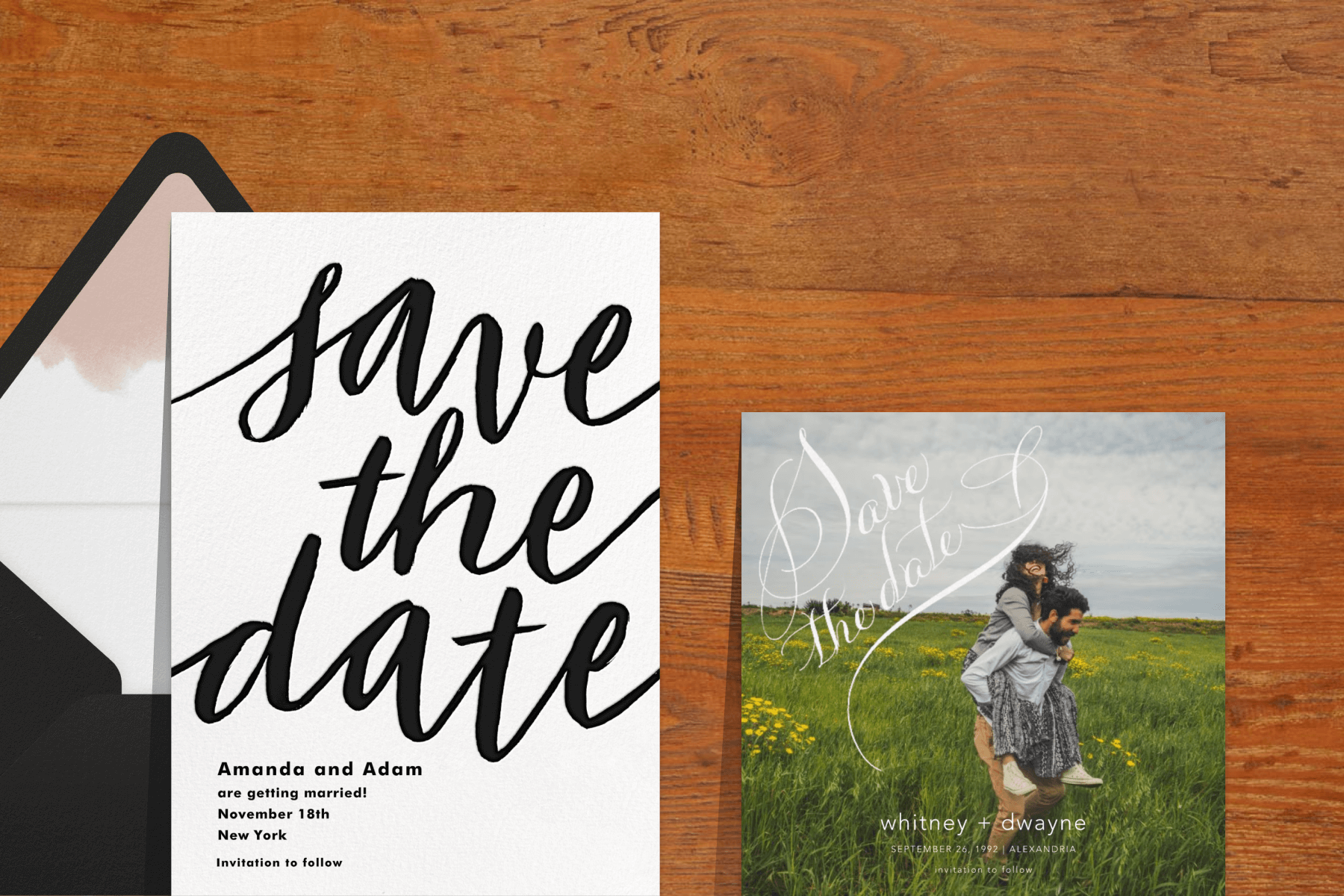 A save the date with large black cursive text reading ‘SAVE THE DATE’; A save the date featuring a photo of the couple in a field of grass with white cursive text. 